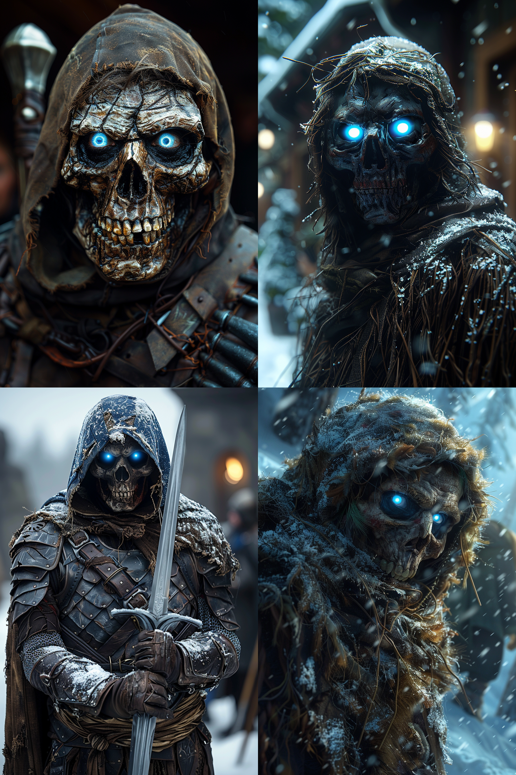 波尔达安的杰作，单人，直视镜头，蓝眼睛，兜帽，剑，头骨，骷髅，发光，发光眼睛，斗篷，兜帽抬起，发光眼睛，模糊，背景模糊，逼真，景深，诡异，恐怖核心，空灵。昏暗，昏暗照明，在冰冻的战场上，8k，超高清。