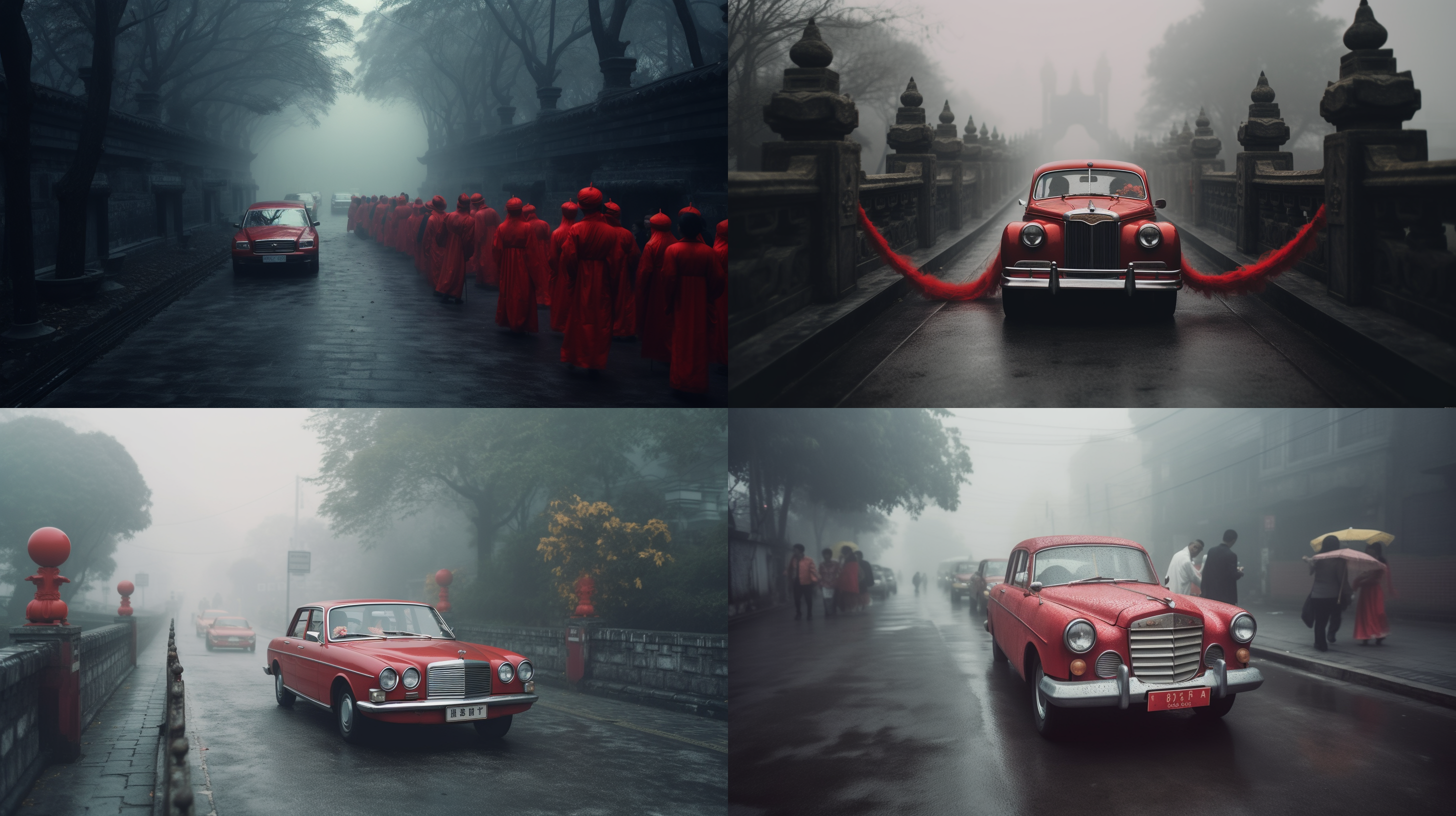 大红色花轿，送亲队伍，青石板路，传统服饰，唢呐，芦笙，神秘，诡异，雾氛，朦胧，阴暗，沉闷色调，神秘感，浓雾缭绕，明朝风格。