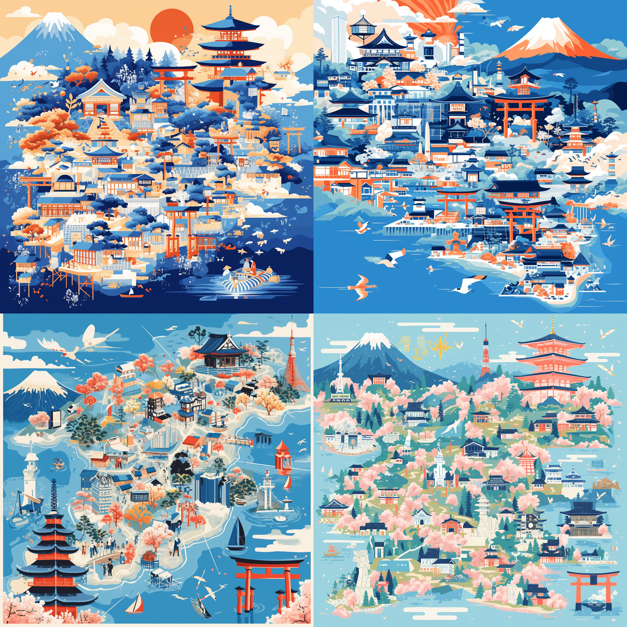 一个城市的彩色图形地图，"日本"突出著名的旅游地点，如京都、金泽、雨晴、白川、高山、下吕，增加这些地方的标志性建筑，配色以天蓝色为主。有一个整体的插画风格，插图包括建筑，大海，神宫，鸟居，人物穿着传统服装的矢量艺术。高分辨率3:4