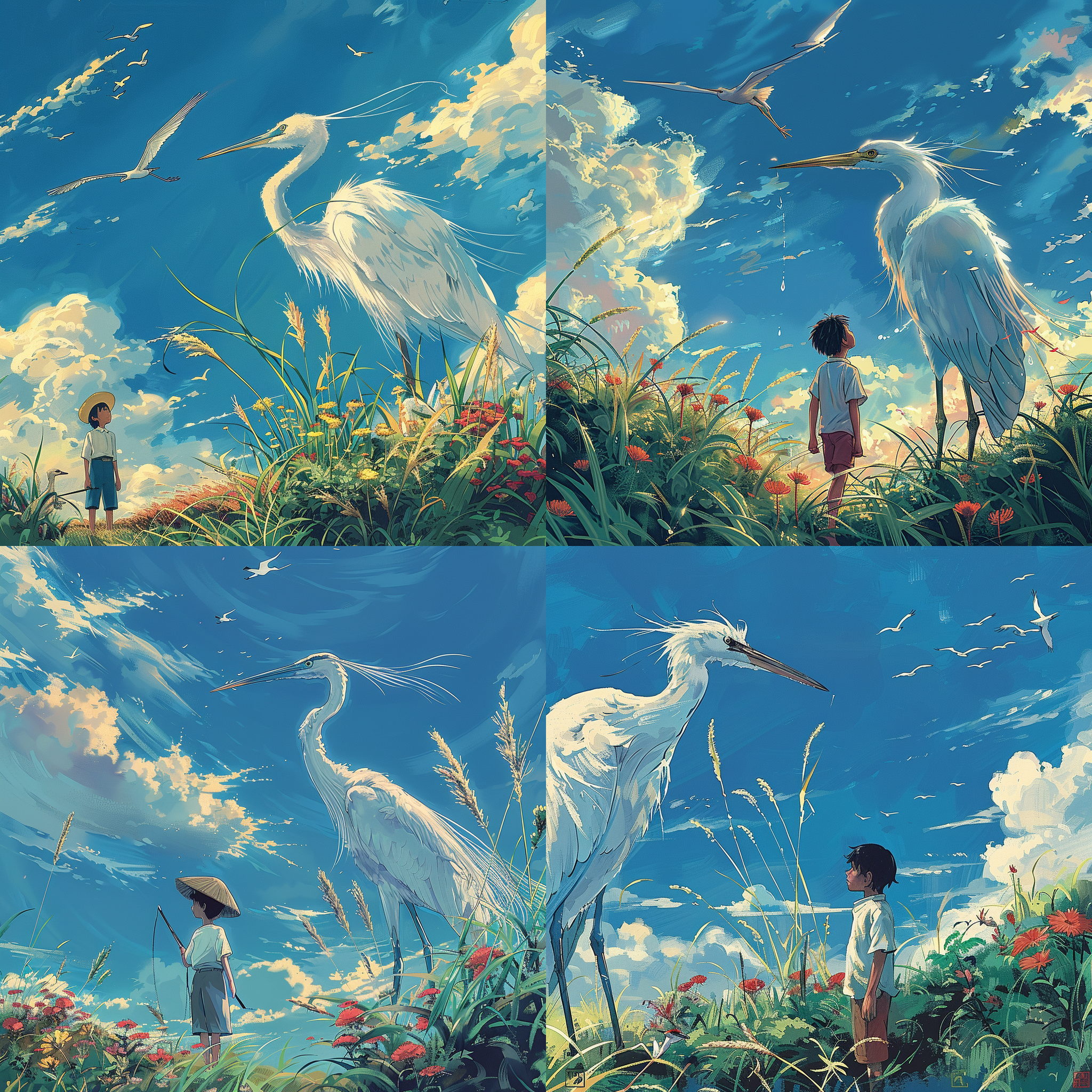 苍鹭与少年，插画风格，异世界田野，蓝色背景，宫崎骏电影海报，青春，和谐，唯美，抒情，幻想，温暖情感