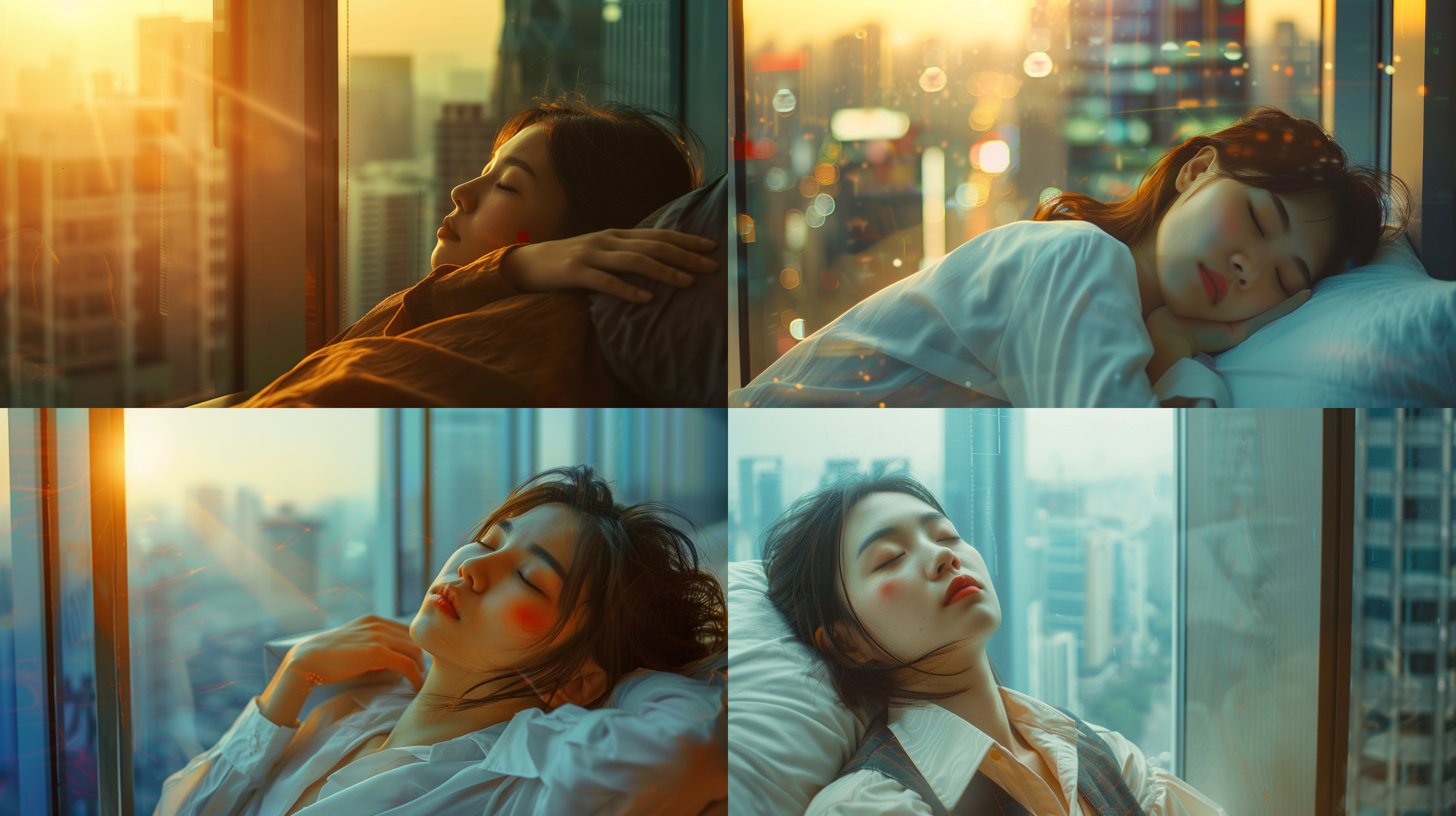 高大落地窗，亚洲女性白领，红痣，睡觉，写字楼办公室，柔和光线，睡眠，窗外城市景观，温暖色调，轻柔构图，细节表情。