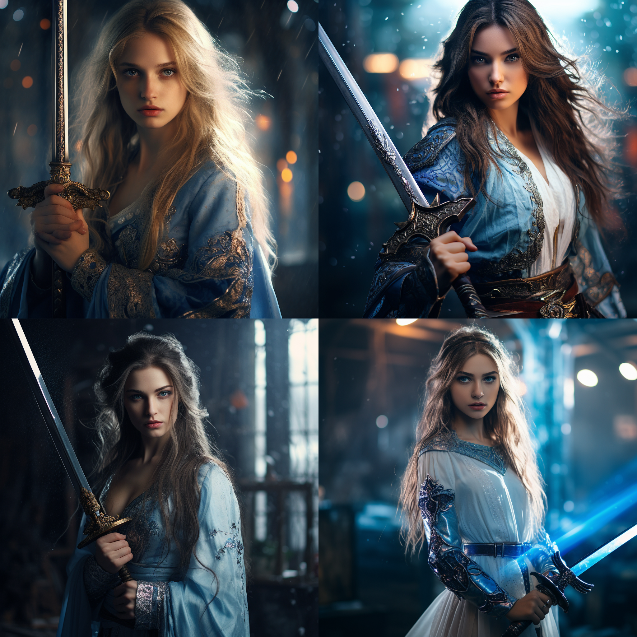 女生持大剑，古风服饰，长发飘逸，蓝色眼睛，黑色连裤袜，青花瓷背景，侧光，复古色调，细节丰富，英雄气概，神秘感。