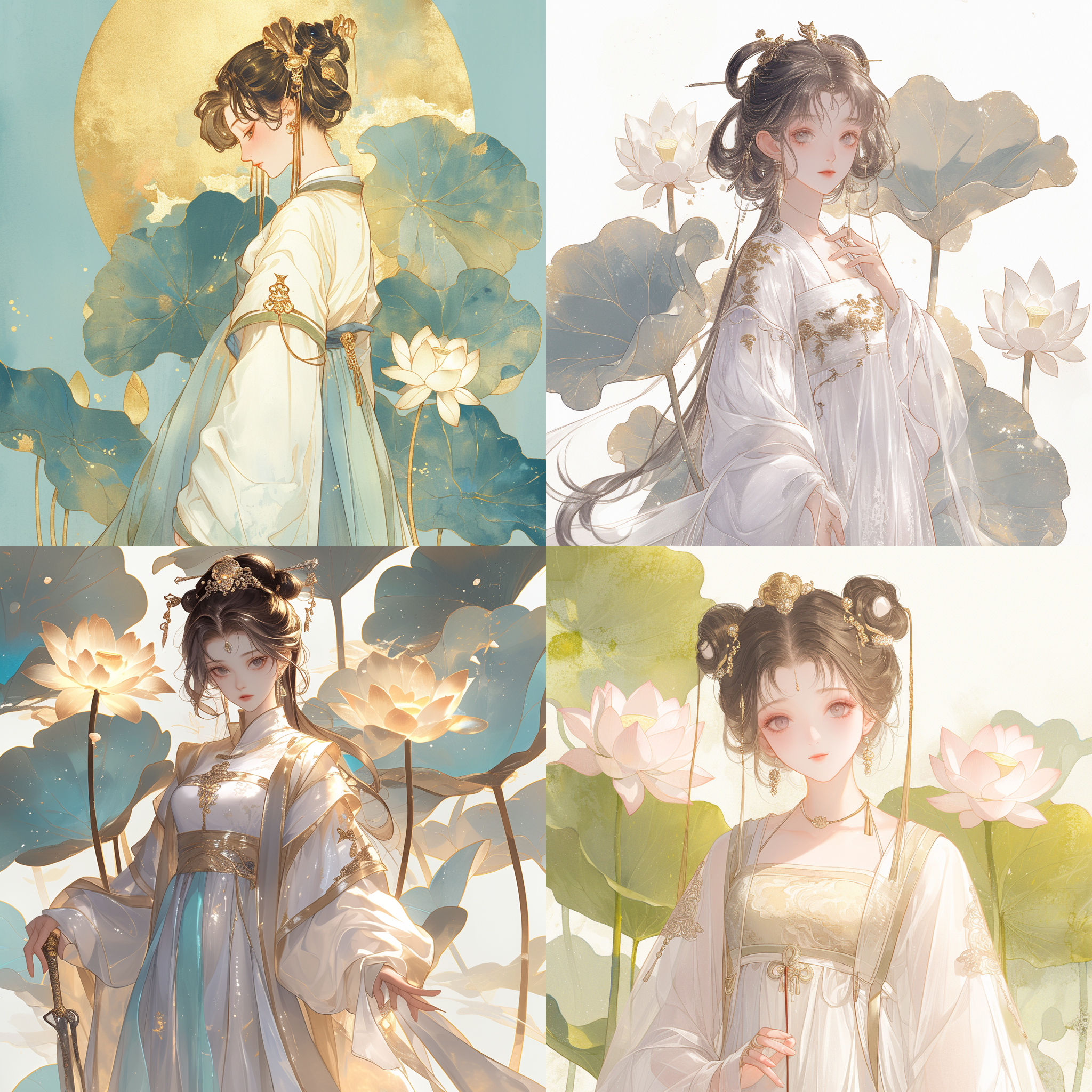 女孩穿乳白色汉服，立于荷叶荷花背景前，金边描金点缀，发簪点缀头发。水墨水粉画风格，新中式服饰，线稿描绘，光影交错，传统韵味。,古风插画,水墨画风格,乳白色汉服,荷叶荷花背景,金边描金,女孩发簪,淡雅美丽,新中式服饰,线稿描绘,光影交错,传统韵味.