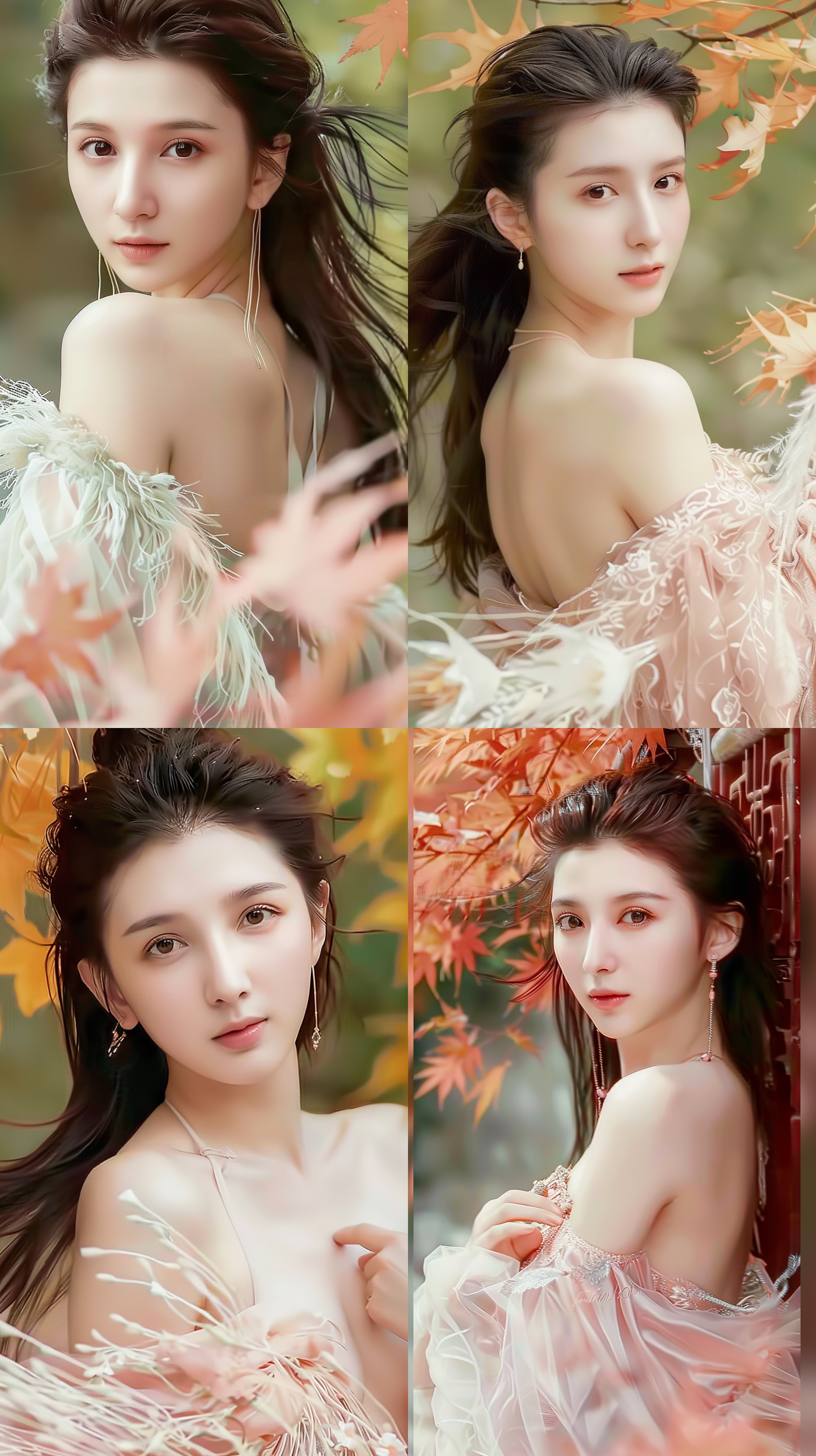 汉服美女，街头秋风，色彩鲜艳，古典风格，人物特写，柔和侧光，自然动作，古朴建筑，温暖色调，优雅气质。