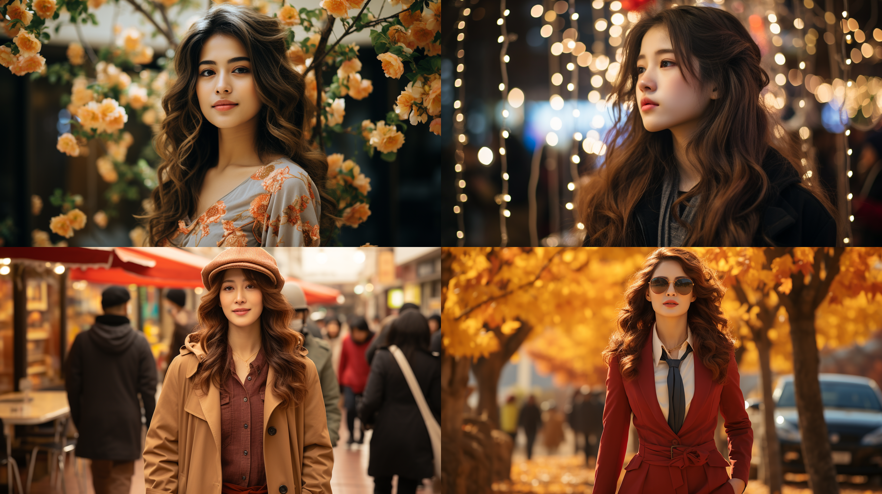 8k画质，东方美女，御姐，街道，购物，远景，精致的皮肤纹理，全身照，写真，写实，超细节，超细腻，长发飘飘，干练，红唇，8k画质