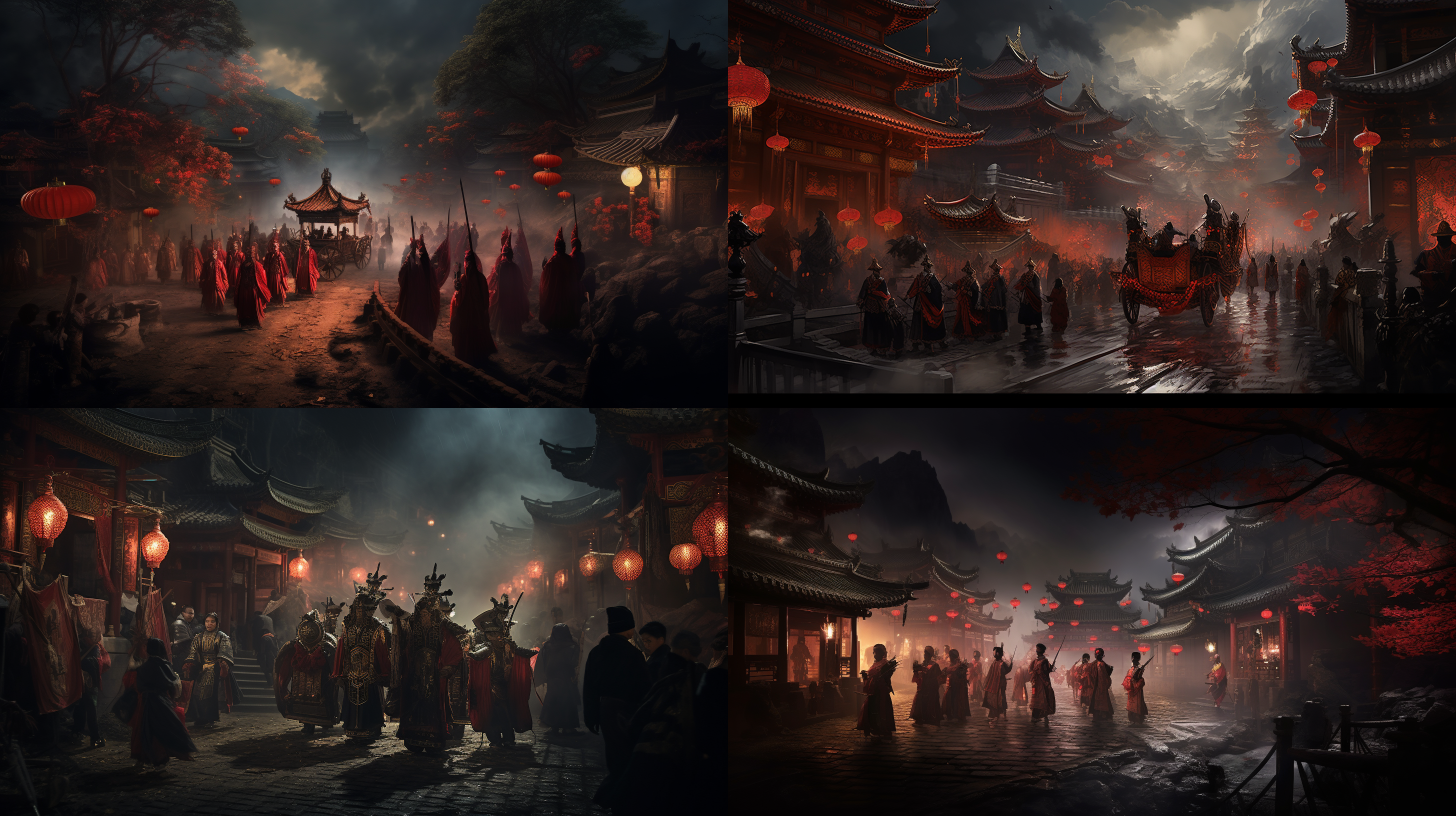 明朝风格送亲队伍，青石板路，浓雾背景，传统服饰，唢呐，芦笙，大红色花轿，神秘诡异，模糊身影，高饱和度，暗色调，环境光，古代风情。