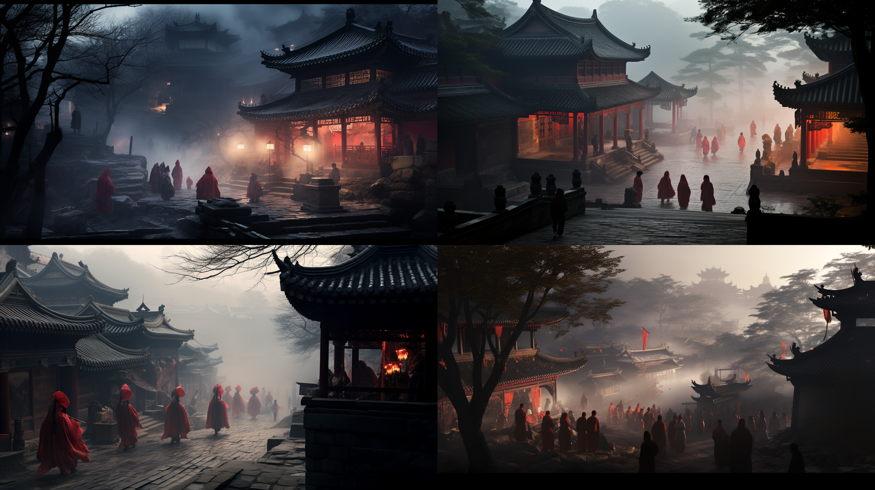 浓雾缭绕，古代风格，青石板路，传统服饰，唢呐，大红色花轿，神秘，诡异，队伍身影朦胧，高饱和度，柔和光线，古典色调。