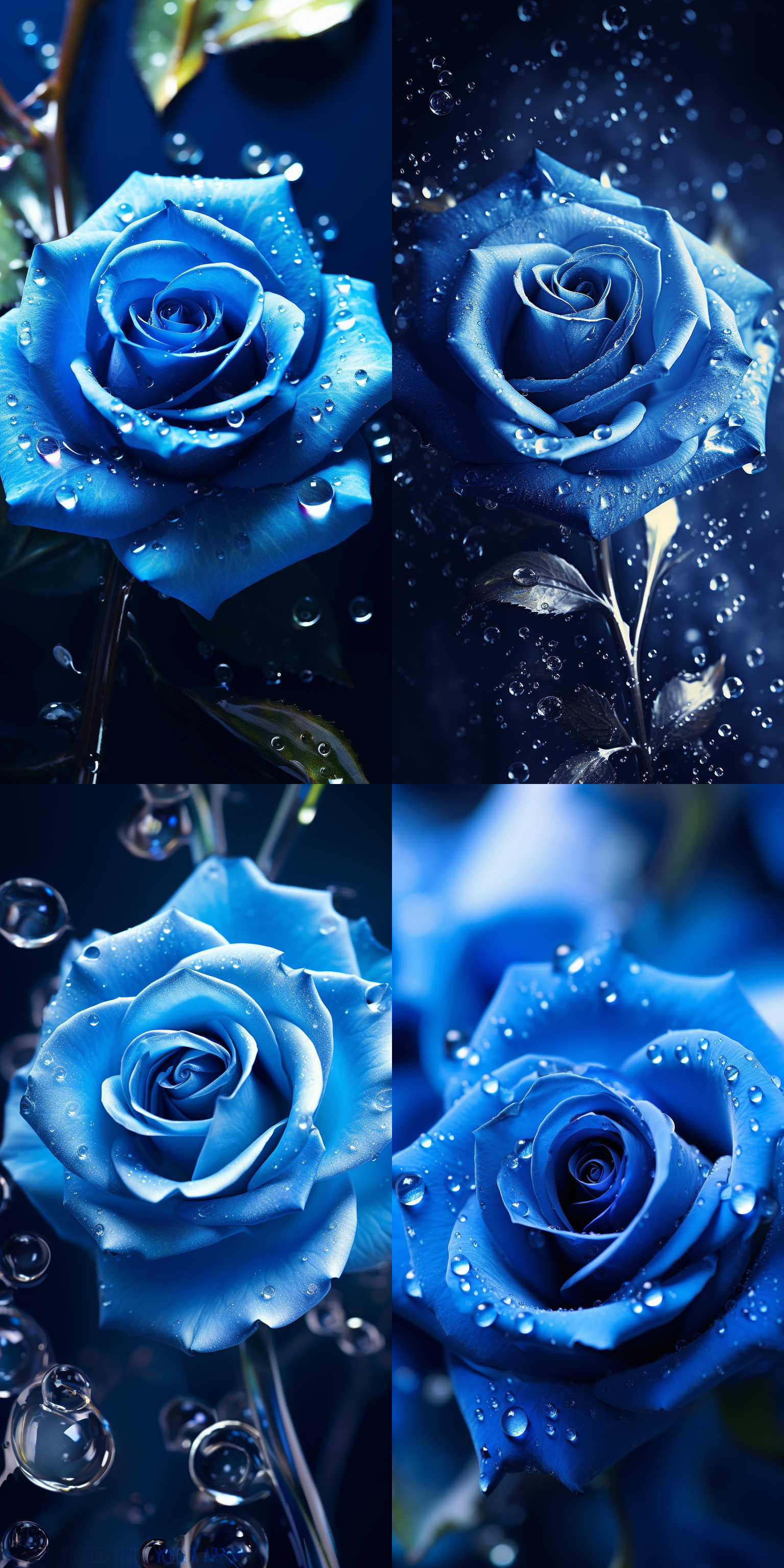 蓝色海洋，玻璃质感蓝色玫瑰花，漂浮水珠，波光粼粼，镜面反光，朦胧，8k分辨率，高质量，壁纸，抽象风格，微距镜头，清晰细节，冷色调，静态。