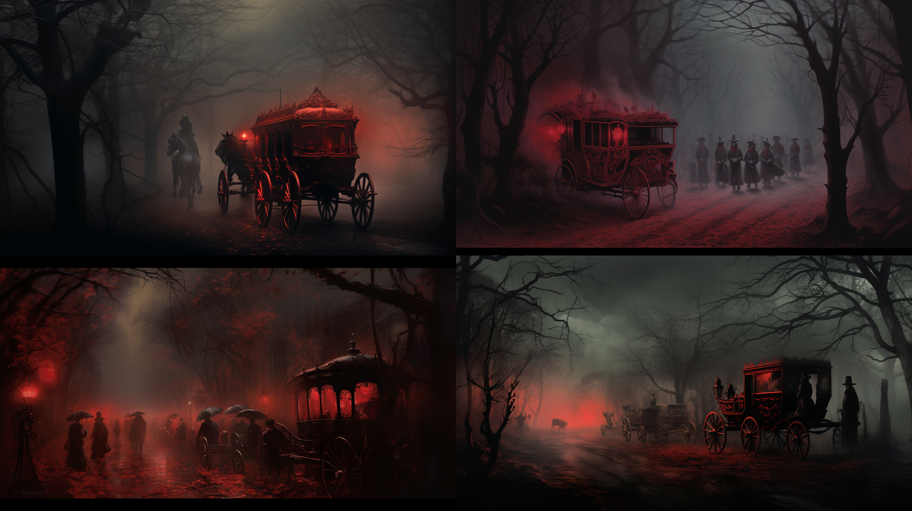 浓雾背景，古代迎亲队伍，大红花轿，神秘诡异氛围，身影朦胧，微暗环境，低对比度，长焦镜头，静态，红色调，神秘。