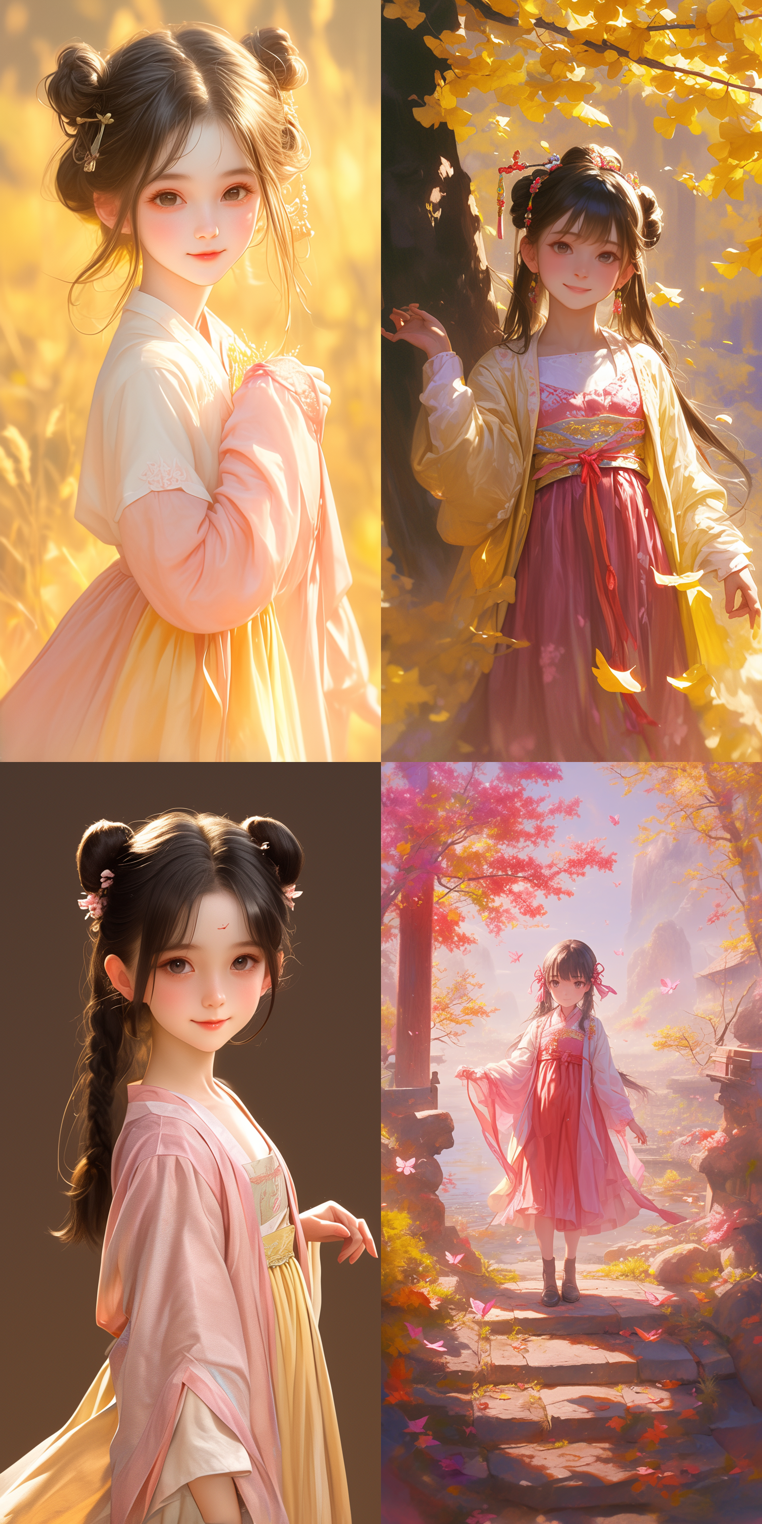 a 8- year old girl, chinese hanfu, pink and yellow wear, smile, black hair, black eyes, natural lighting, dof, 8k, best quality, chinese style.