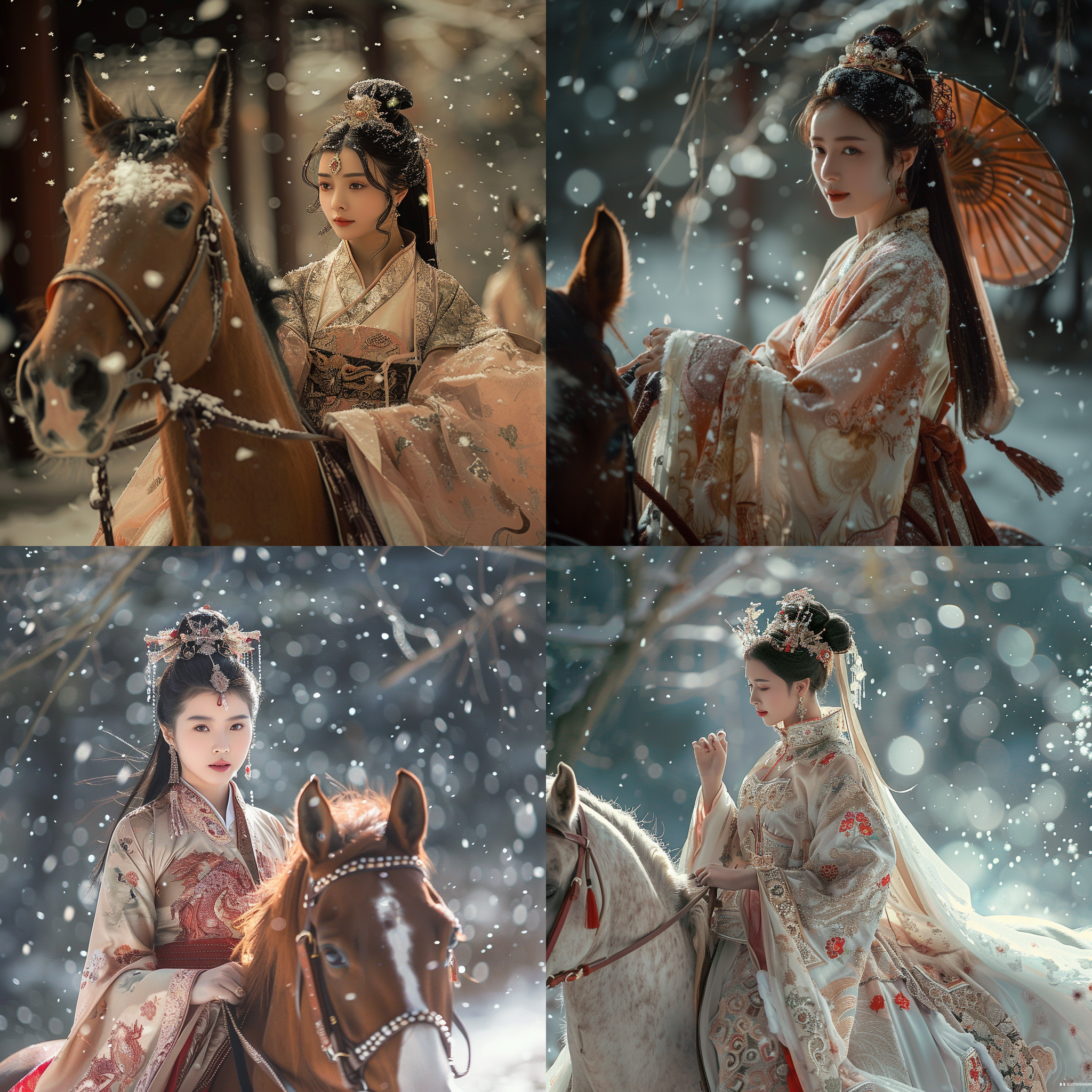 一位面容娟秀的美女身着唐朝华丽服饰，骑着一匹健壮的骏马，在纷飞的雪花中前行。画面要高清细腻，展现美女婉约的气质和唐朝服饰的精致细节。骏马要表现出力量与优雅并存的美感，同时雪花要飘洒得自然而真实，营造出一种清新脱俗的氛围。整幅画面要充满诗意和浪漫情怀，让人仿佛置身于那个繁华而又梦幻的唐朝世界，高清，定焦，逆光，唯美，浪漫,8k，超级写真注意手指部分的细节。