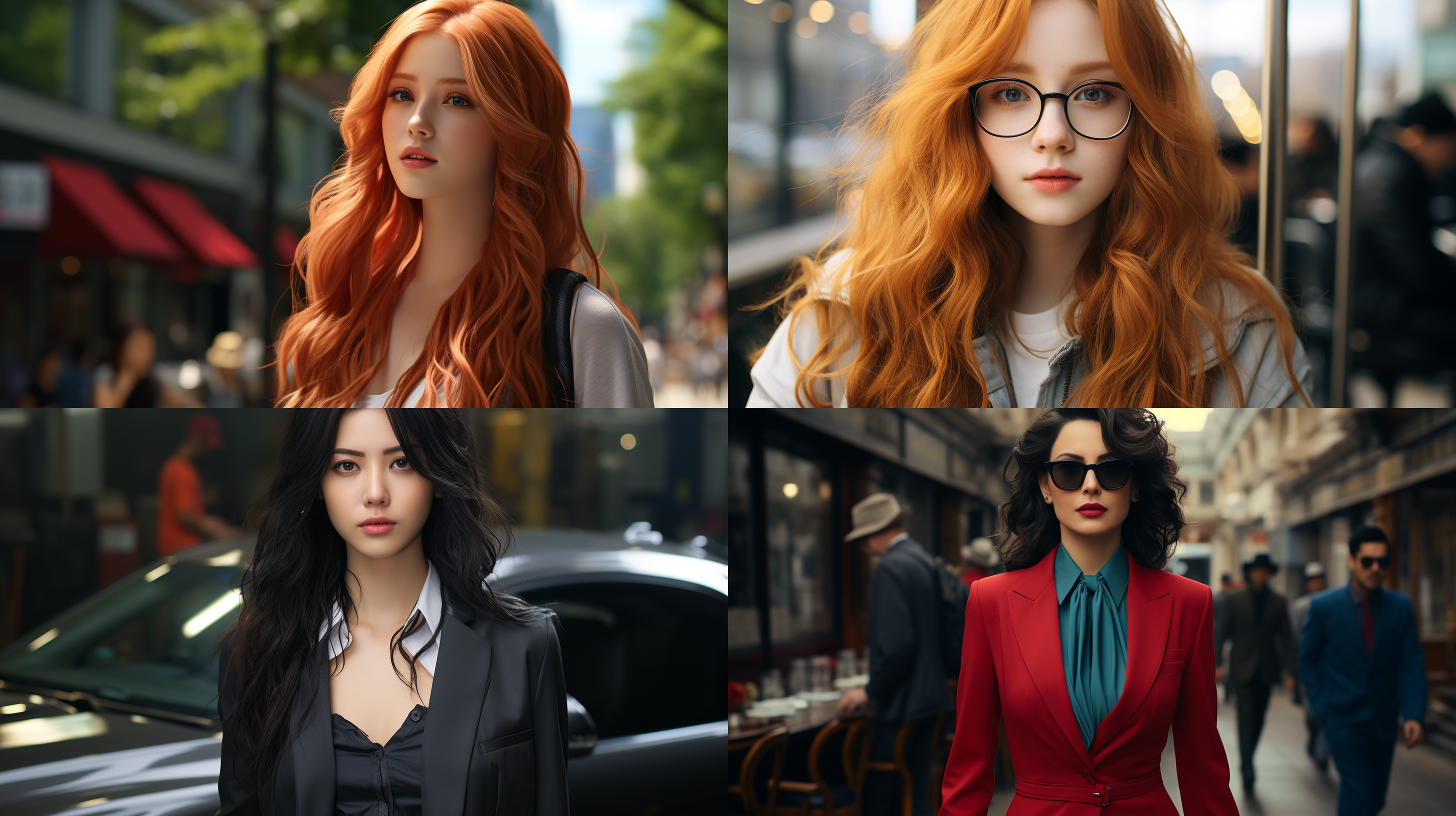 8k画质，东方美女，御姐，街道，购物，精致的皮肤纹理，全身照，写真，写实，超细节，超细腻，长发飘飘，干练，红唇，8k画质