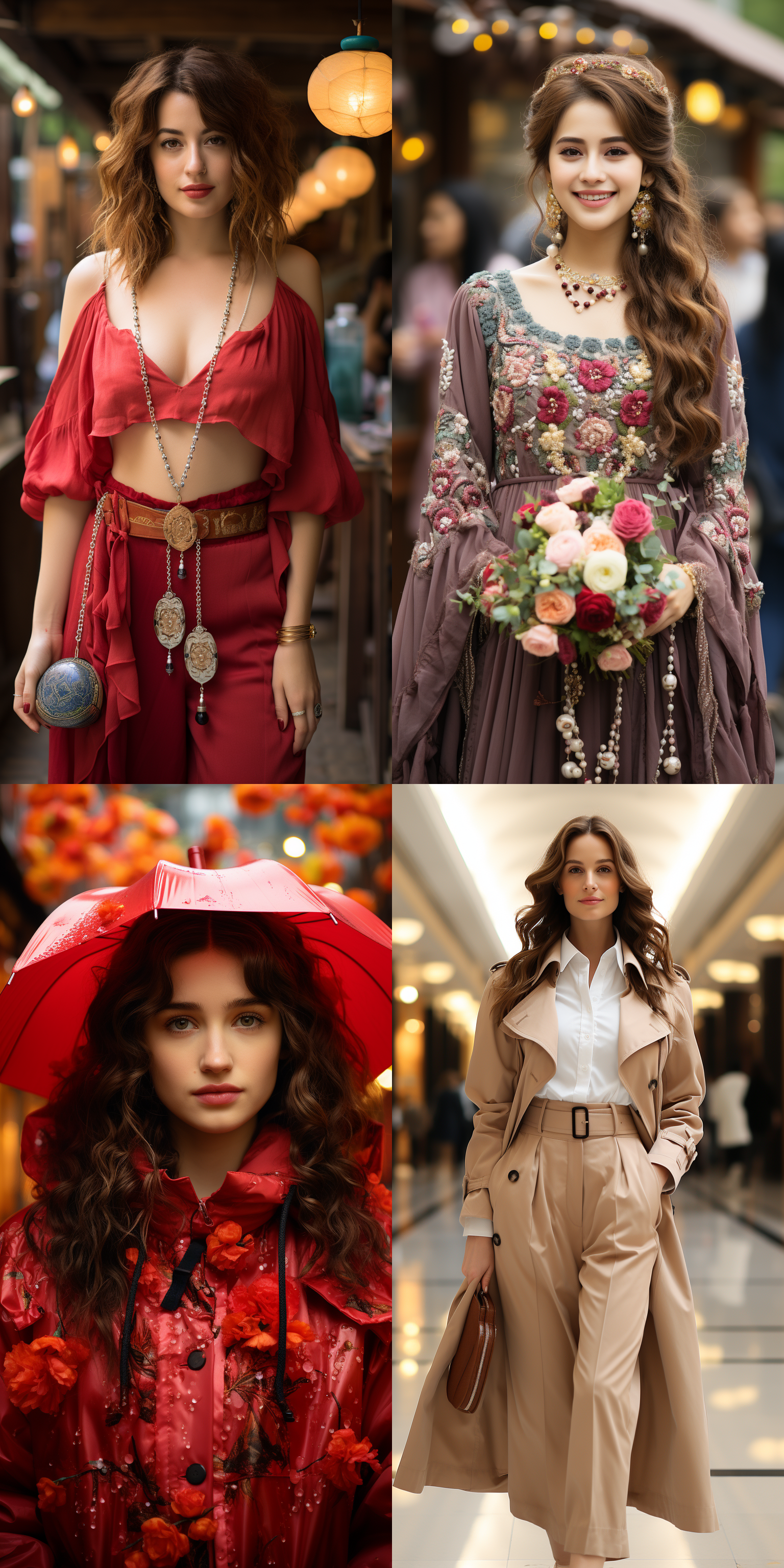 8k画质，东方美女，御姐，街道，购物，远景，精致的皮肤纹理，全身照，写真，写实，超细节，超细腻，长发飘飘，温柔，红唇，8k画质