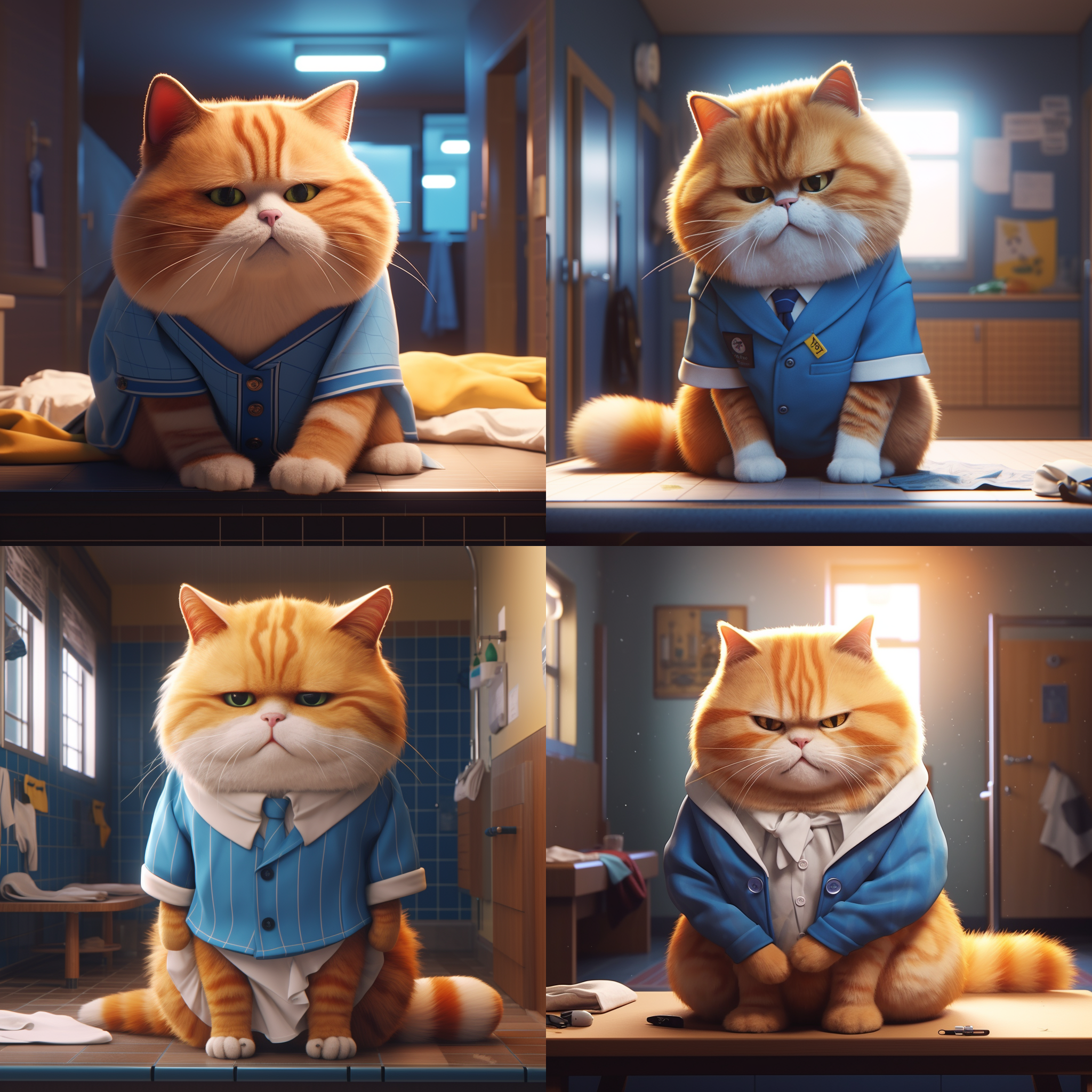 一只胖乎乎穿着蓝色的橘猫站在病床边，看着床上的橘猫妈妈。站着的猫眼里含着泪水，流淌着悲伤和悲伤，8k