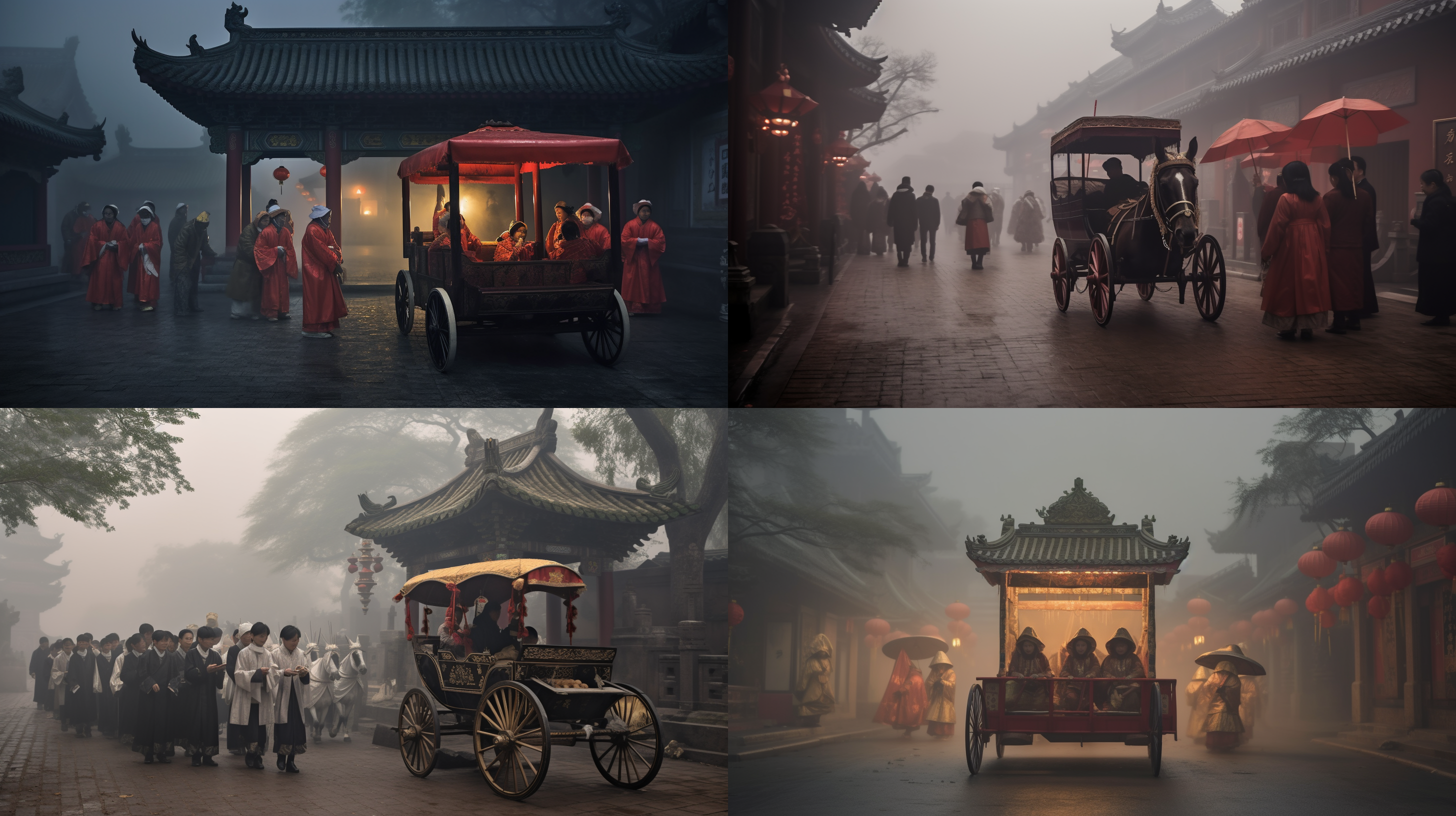 明朝风格新娘轿子，浓雾缭绕，青石板路，唢呐，芦笙，送亲队伍，传统服饰，神秘，诡异，朦胧，阴暗，沉闷色调，神秘感，大光圈，迷离效果。