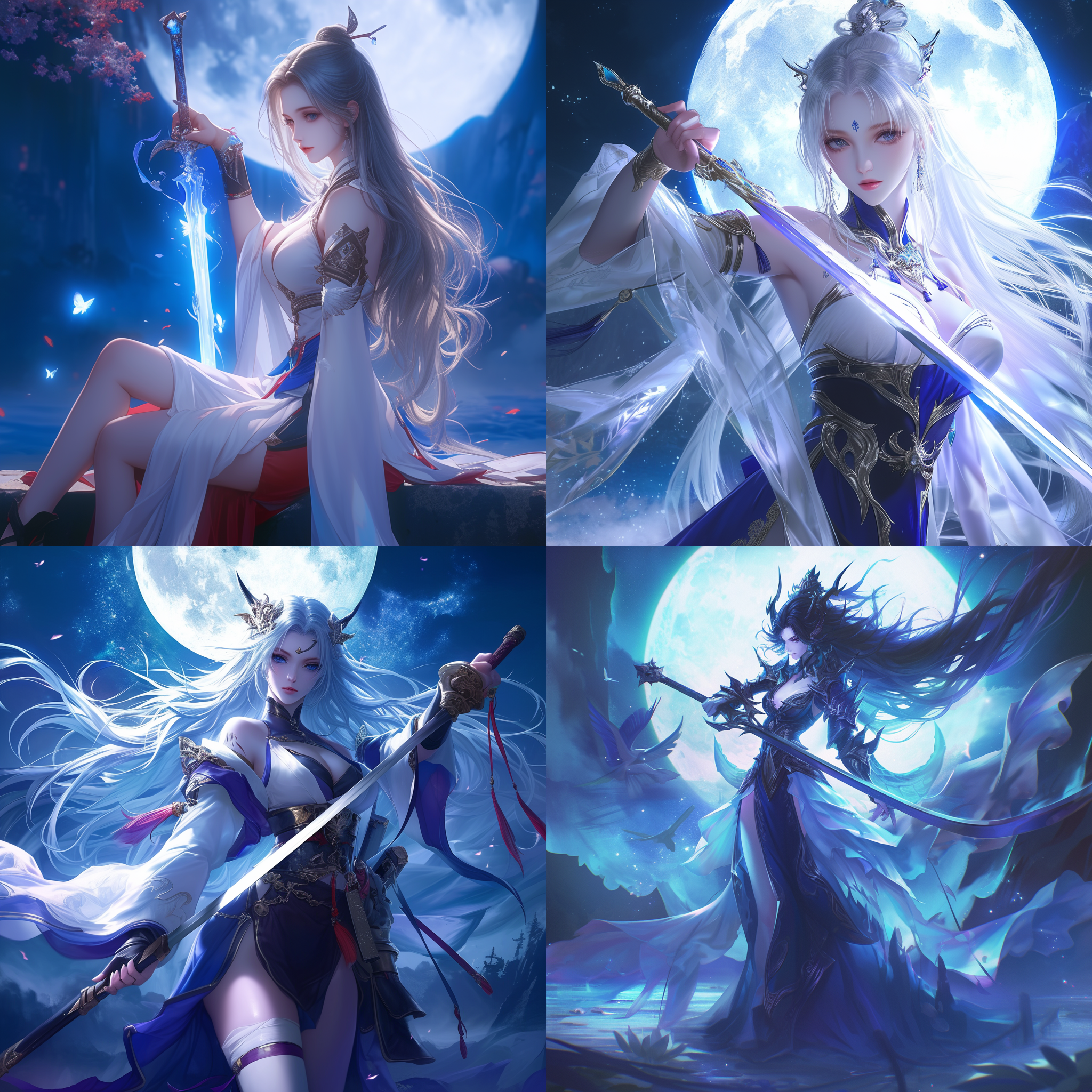 女神挥剑，立体构图，32k高清，月下美人，光影交替，冷色调，写实，长发飘逸，夜晚，刀光，肌肉线条。