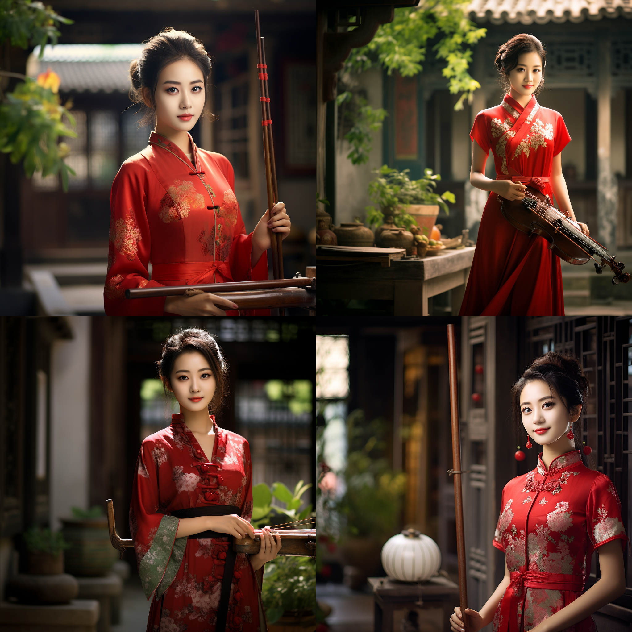 中国美女，穿着传统旗袍，站在古老的庭院里，眼含微笑，手持传统乐器二胡，背景是精致的园林建筑。高饱和度，传统风格，长焦镜头，柔和侧光，优雅动作，红色主调，喜悦。