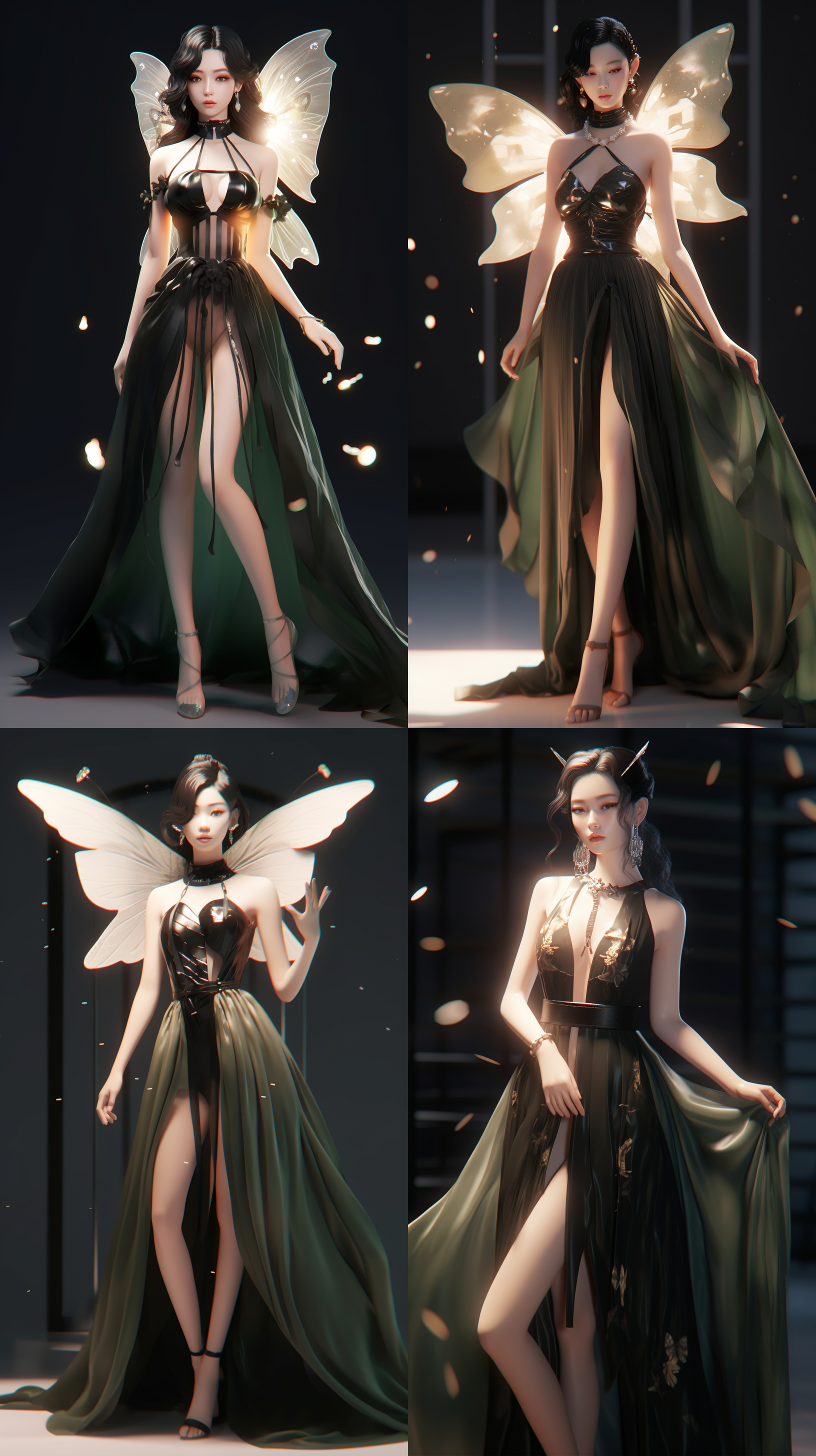 一个穿着绿色衣服的漂亮女人，脖子上戴着蝴蝶，卡瓦西风格，第一人称视角，发光的3d物体，穿着绿色连衣裙的中国女士，蝴蝶翅膀，虚幻引擎5的风格，受漫画影响，富有表现力的角色设计，深白色和浅琥珀色，我不敢相信这有多美，逼真的人物，浅蓝色和青铜色