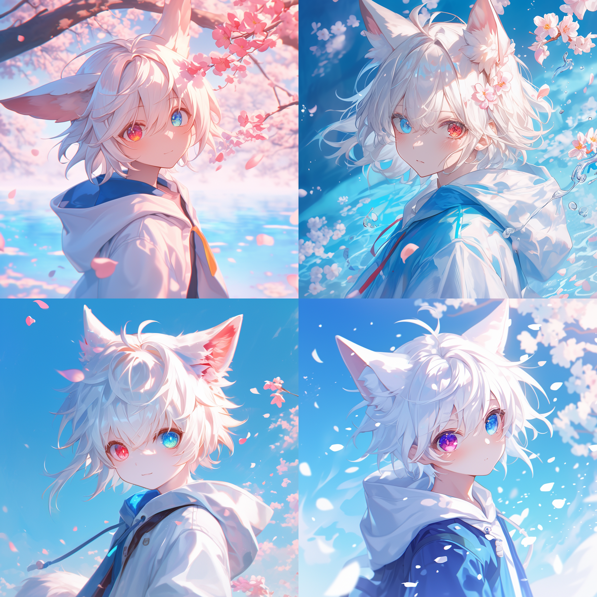 清晨，华清池，花瓣飘零，雾气环饶，梦幻的风格，正太，10左右的可爱的兽耳小男孩，可爱的正太，一对乳白色的可爱兽耳，层次分明的短发，白发的短发，红蓝异瞳，宝石般明亮的眼睛，眼波流动，蓝白色的卫衣，正太，可爱，微笑，光影艺术，最高品质，极致细节，精致的环境刻画，精致的头发刻画，精致的眼睛刻画，精致的刻画，完美的五官刻画，凌乱的头发，单人，最高品质，极致细节，精致的头发刻画，精致的眼睛刻画，精致的五官刻画，精致的衣服刻画，精致的眼神刻画，凌乱的头发，4k画质，高分辨率，单人，头像，