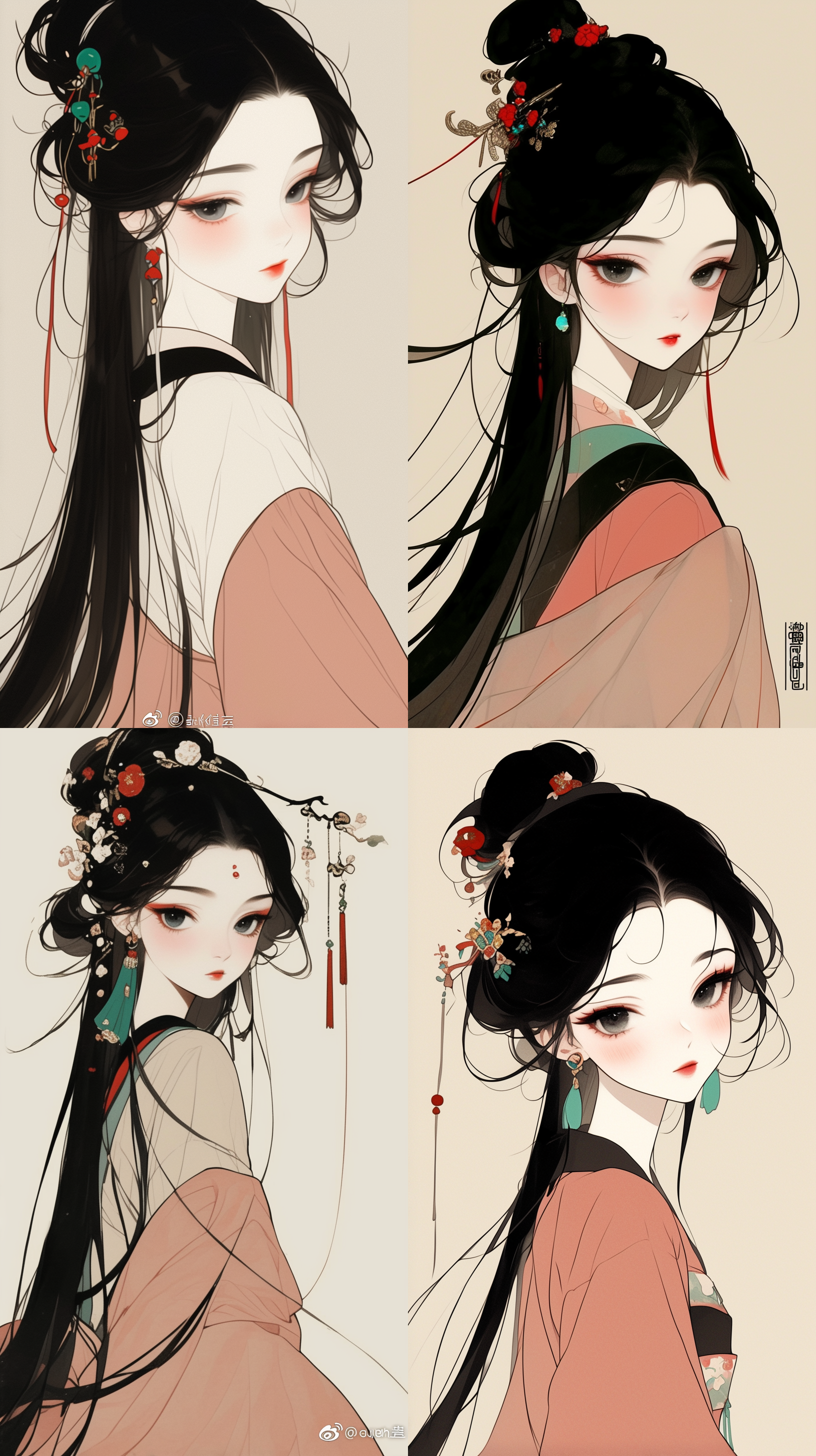a gongbi painting of a 5 years old black long hair chinese qing dynasty girl wears pink hanfu, tangled jewelry, round face, extremely minimalism portrait, geometric shapes, matte light yellow background, in the style of crisp neo-pop illustrations, animated gifs, dolly kei, cartoon-like characters, close-up, head view, bold, cartoonish lithographs