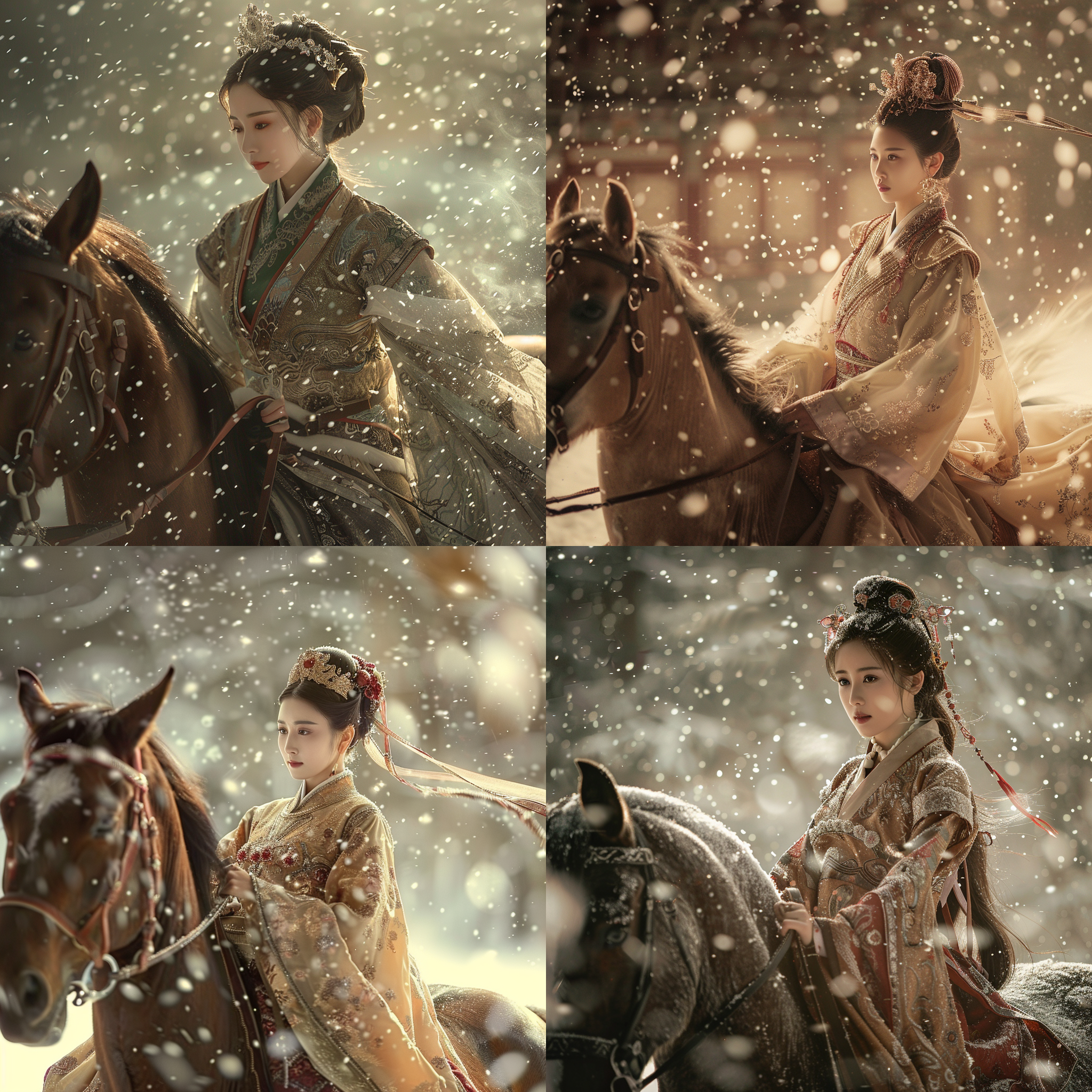 一位面容娟秀的美女身着唐朝华丽服饰，骑着一匹健壮的骏马，在纷飞的雪花中前行。画面要高清细腻，展现美女婉约的气质和唐朝服饰的精致细节。骏马要表现出力量与优雅并存的美感，同时雪花要飘洒得自然而真实，营造出一种清新脱俗的氛围。整幅画面要充满诗意和浪漫情怀，让人仿佛置身于那个繁华而又梦幻的唐朝世界，高清，定焦，逆光，唯美，浪漫,8k，超级写真。