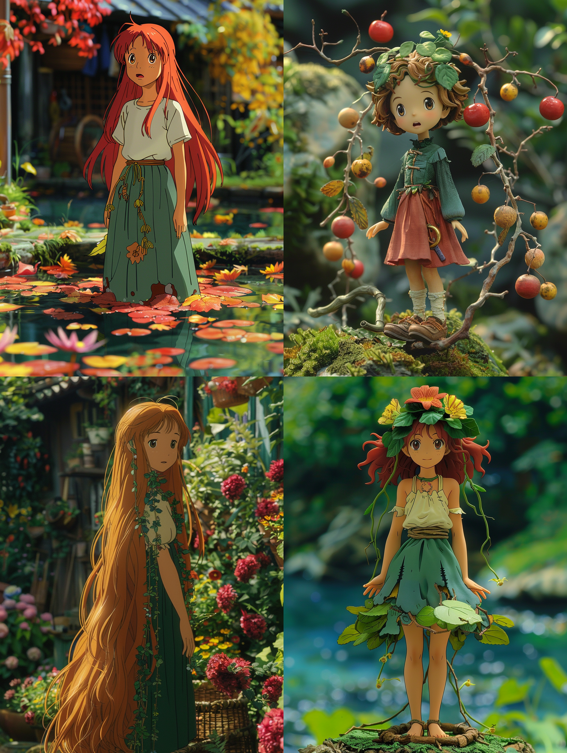 创作一个小人形象：在这个袖珍国的角落里，住着一个名叫莉娅的小人女孩，莉娅拥有一头柔软的栗色长发，常常用一根细小的花藤编成一个简单的辫子垂在肩上。她的眼睛大而明亮，闪烁着好奇与智慧的光芒莉娅的衣服是用花瓣和叶子巧妙缝制而成，既实用又美观。她的裙摆轻盈飘逸，颜色随着季节的变化而变化，春天是鲜亮的绿色，夏天则是热烈的红色或淡雅的黄色，秋天是成熟的金色，冬天则是纯净的白色。莉娅的脚下穿着一双由树皮和蜘蛛丝编织的小鞋，既轻便又坚固，风格参考宫崎骏的动画风格。最高画质，最佳杰作，最高画质，高分辨率，复杂的细节，非常详细，超逼真，颜色丰富 动画艺术 柔光 动画艺术 柔光