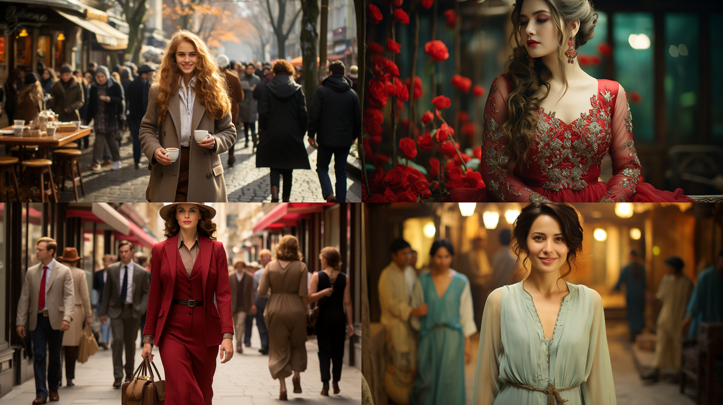 东方美女购物街道，御姐风格，红唇长发，精致皮肤，超细节写真，8k画质，超细腻，写实风格，全身照，干练，街头摄影，暖色调，高清晰度。