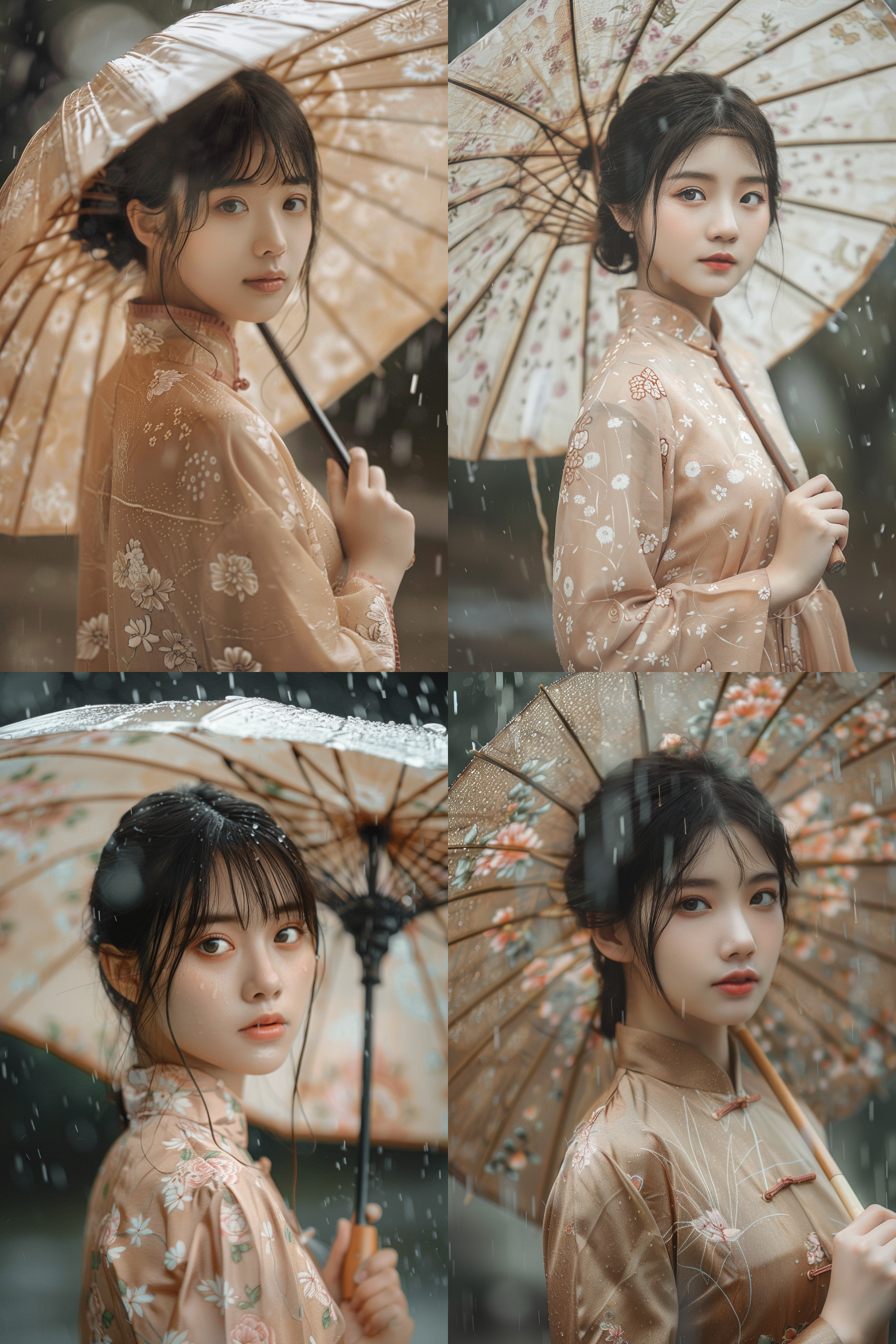 小姐姐撑油纸伞，春雨中，身材丰满，穿着旗袍，古典风情，正面构图，柔和色调，长焦镜头，静态，优雅。