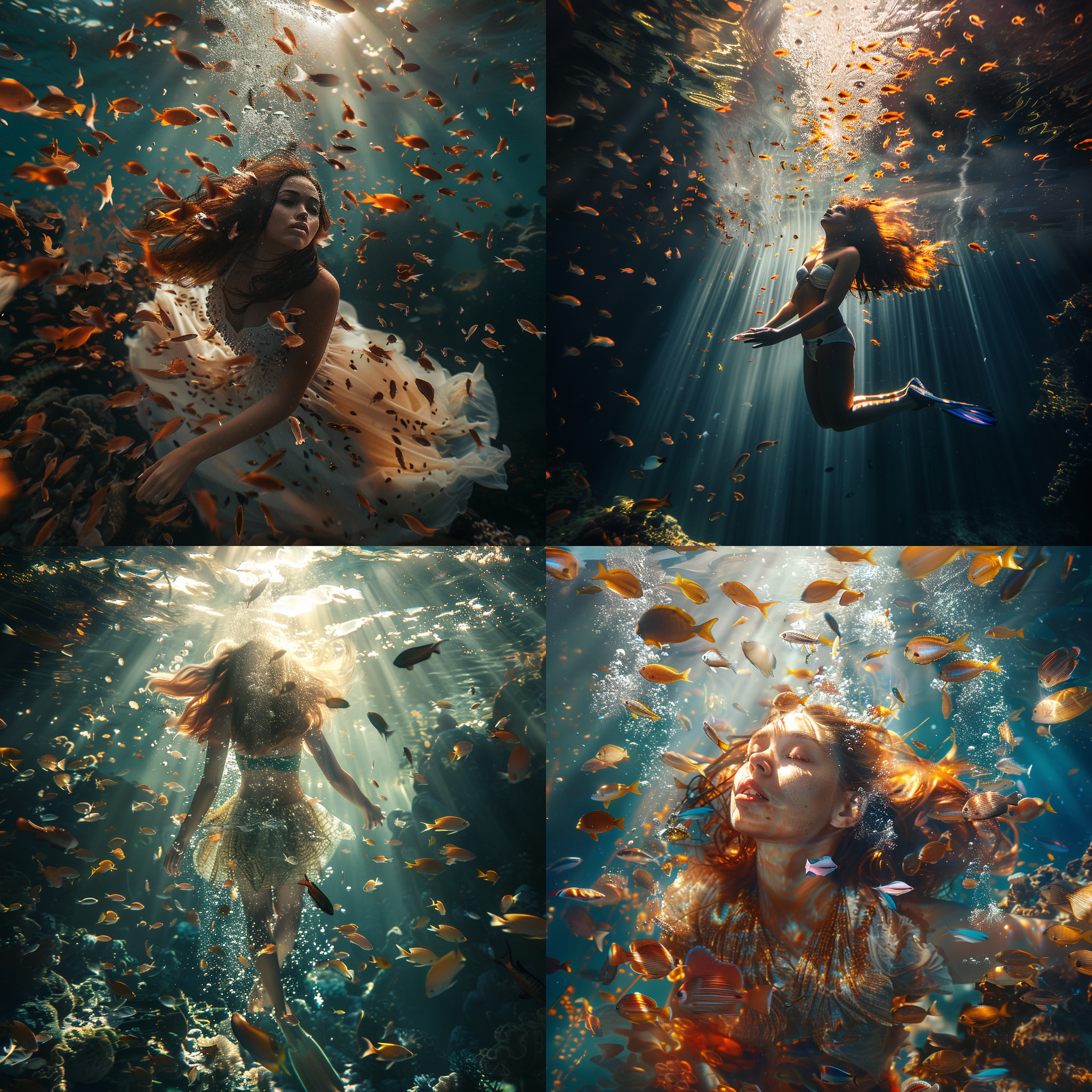 美女，潜水，逆光、8k，中间，超写实，细节拉满，旁边很多小鱼，