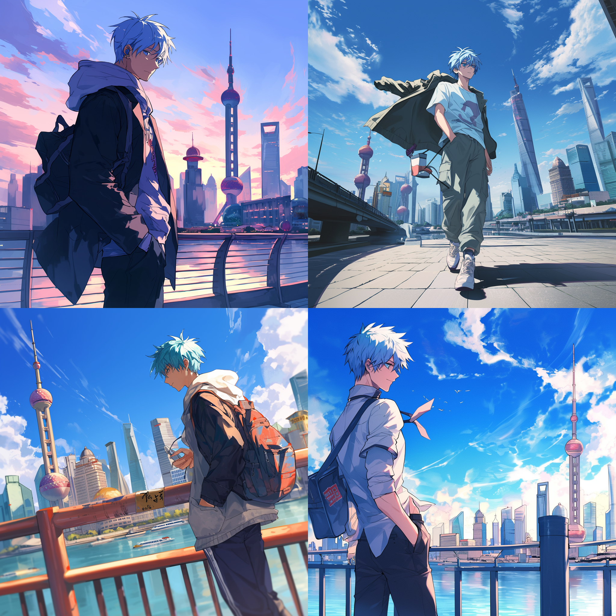 黑子哲也游上海外滩，日漫风格。