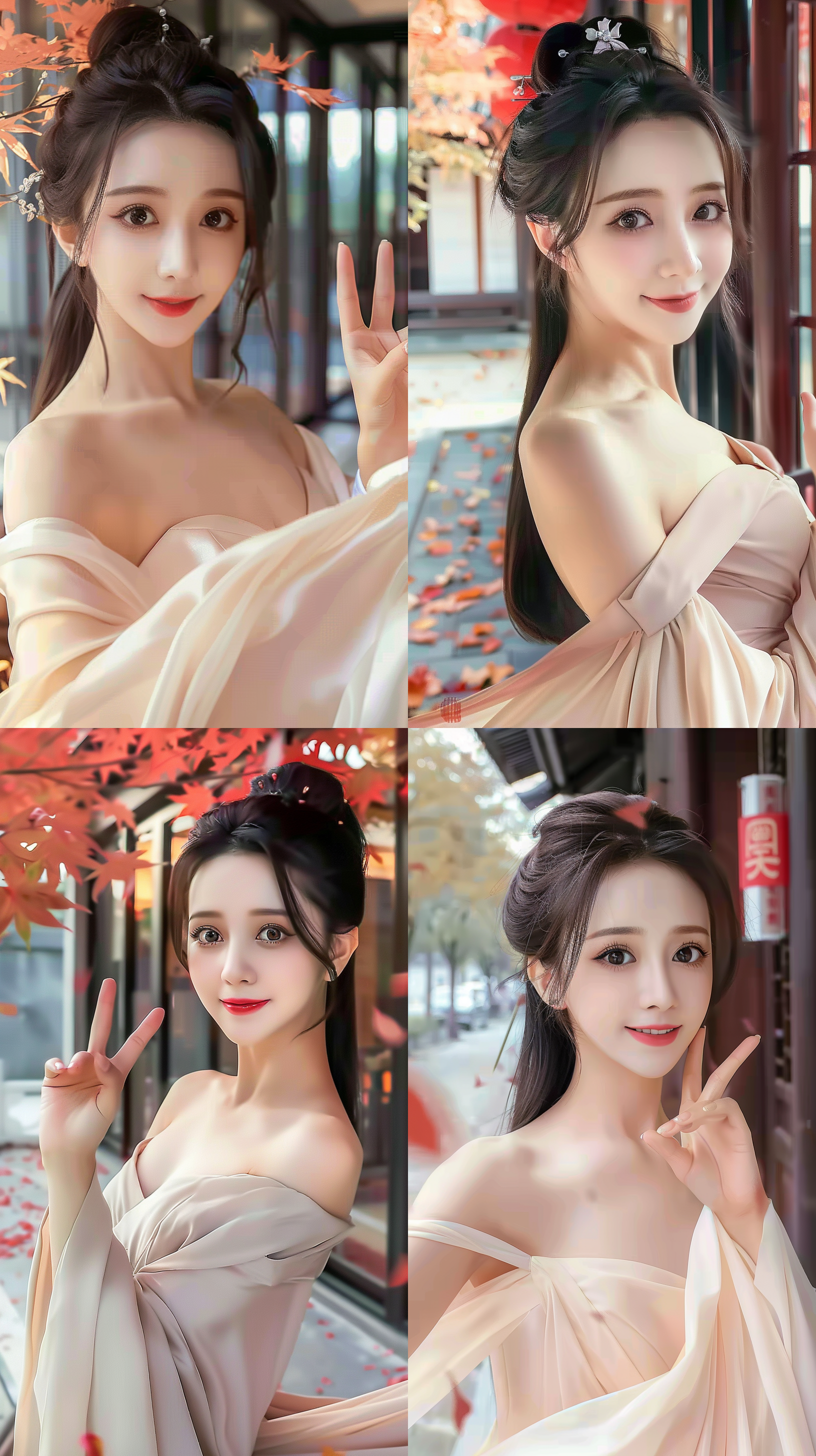 汉服美女，街头秋风落叶，传统环境，柔和色调，人像摄影，微笑，飘动长裙，自然光，抓拍，优雅, 4k。