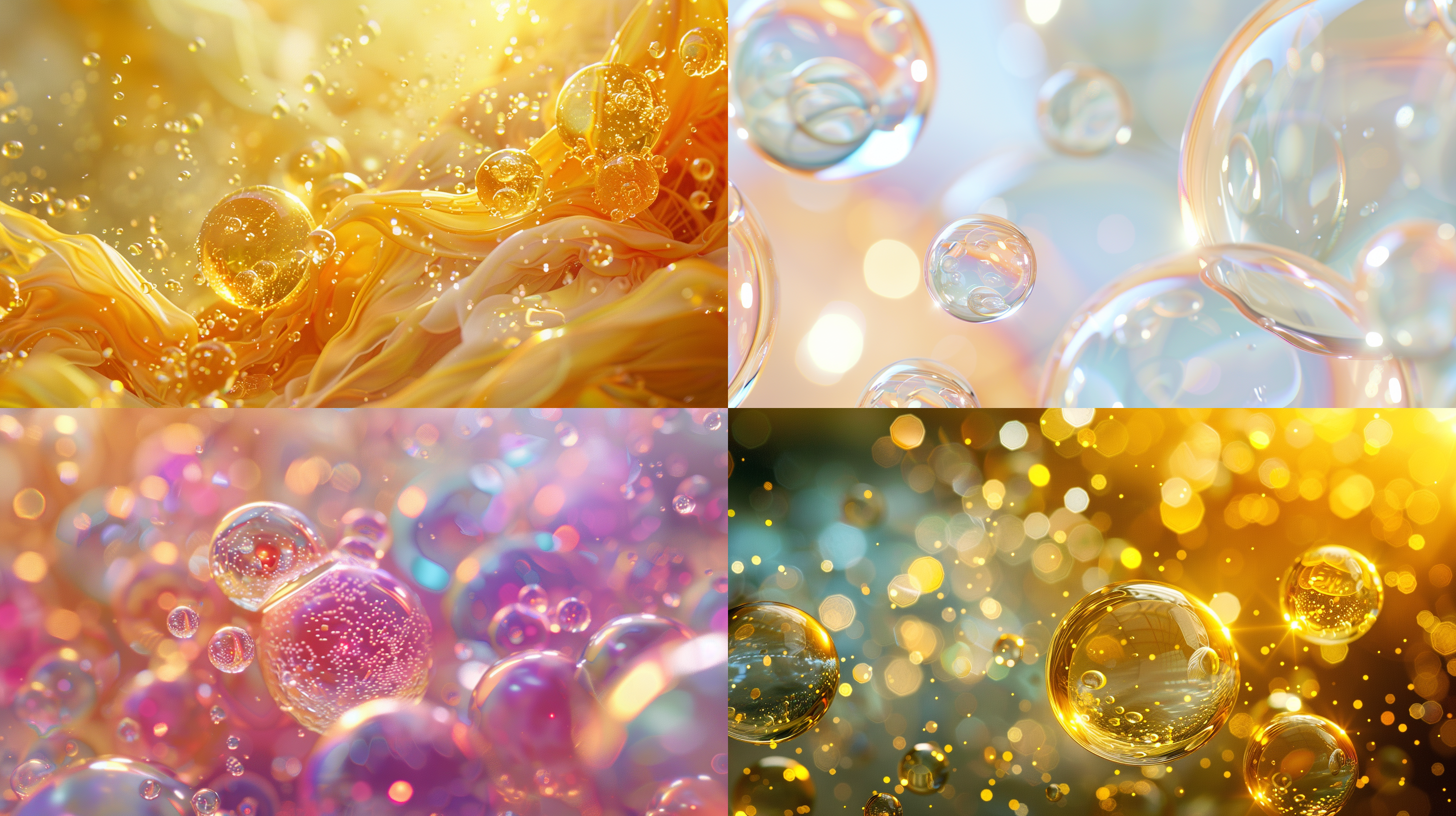 transparent cell essence, translucent ::1, oil bubble silk background, glimmer, light spots, particle light effect, floating on a light golden background, 32k, ultra-realistic fine rendering, innovative page design, exquisite materials, c4d, oc rendering, unattended