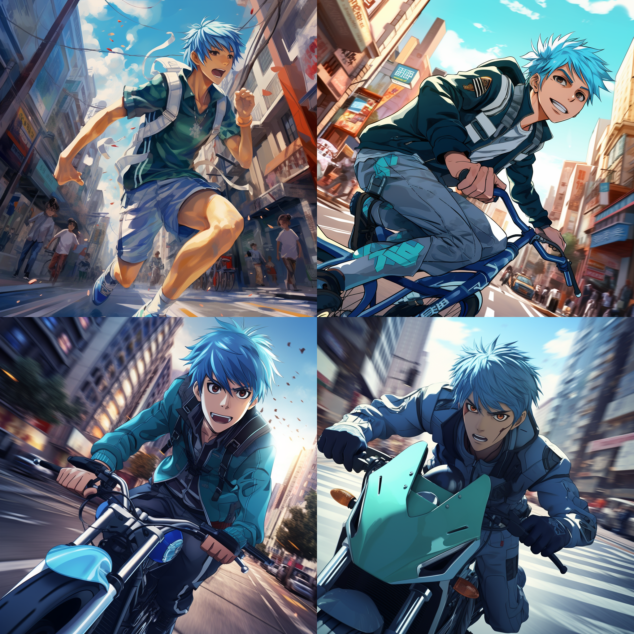 黑子哲也骑行东京街头，日漫风格，高角度视角，城市背景，锐利对焦，蓝色调，长焦镜头，逆光，风驰电掣，自信微笑。