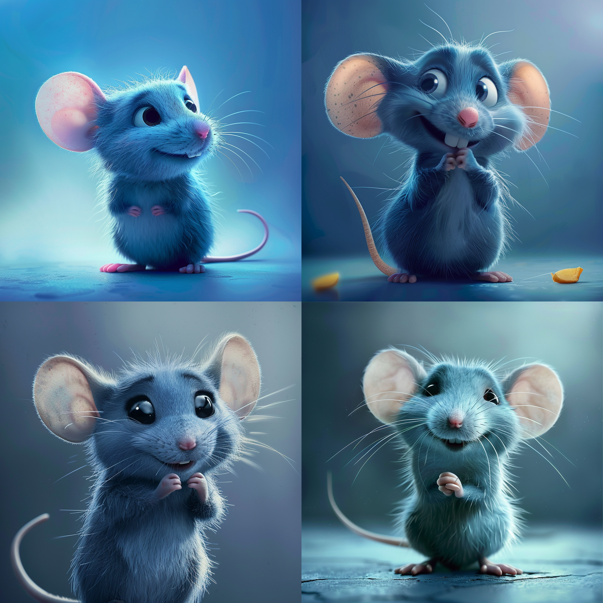 美式包装设计，简单的颜色搭配，老鼠，大气简洁明了。直角布局，中景，柔和光线，大光圈，细节突出，动态姿态，俏皮表情，活泼欢快，蓝色调，温馨。