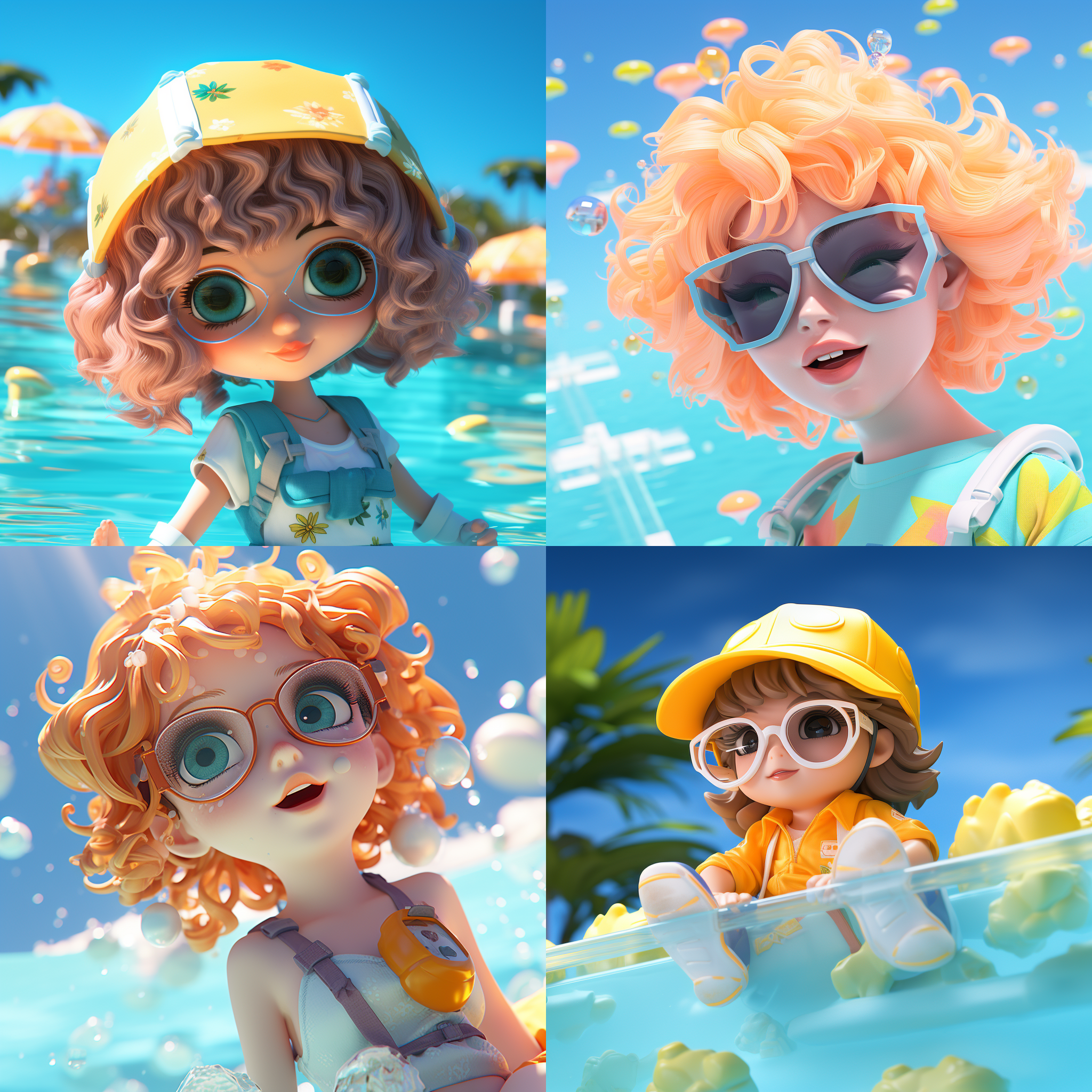 阳光少女，盲盒风格，波普玛特，俏皮角色设计，马尔代夫，游泳池，超写实水面，超高清图像，octane渲染，c4d，8k，欢快，炫彩，活泼，夏日风情。
