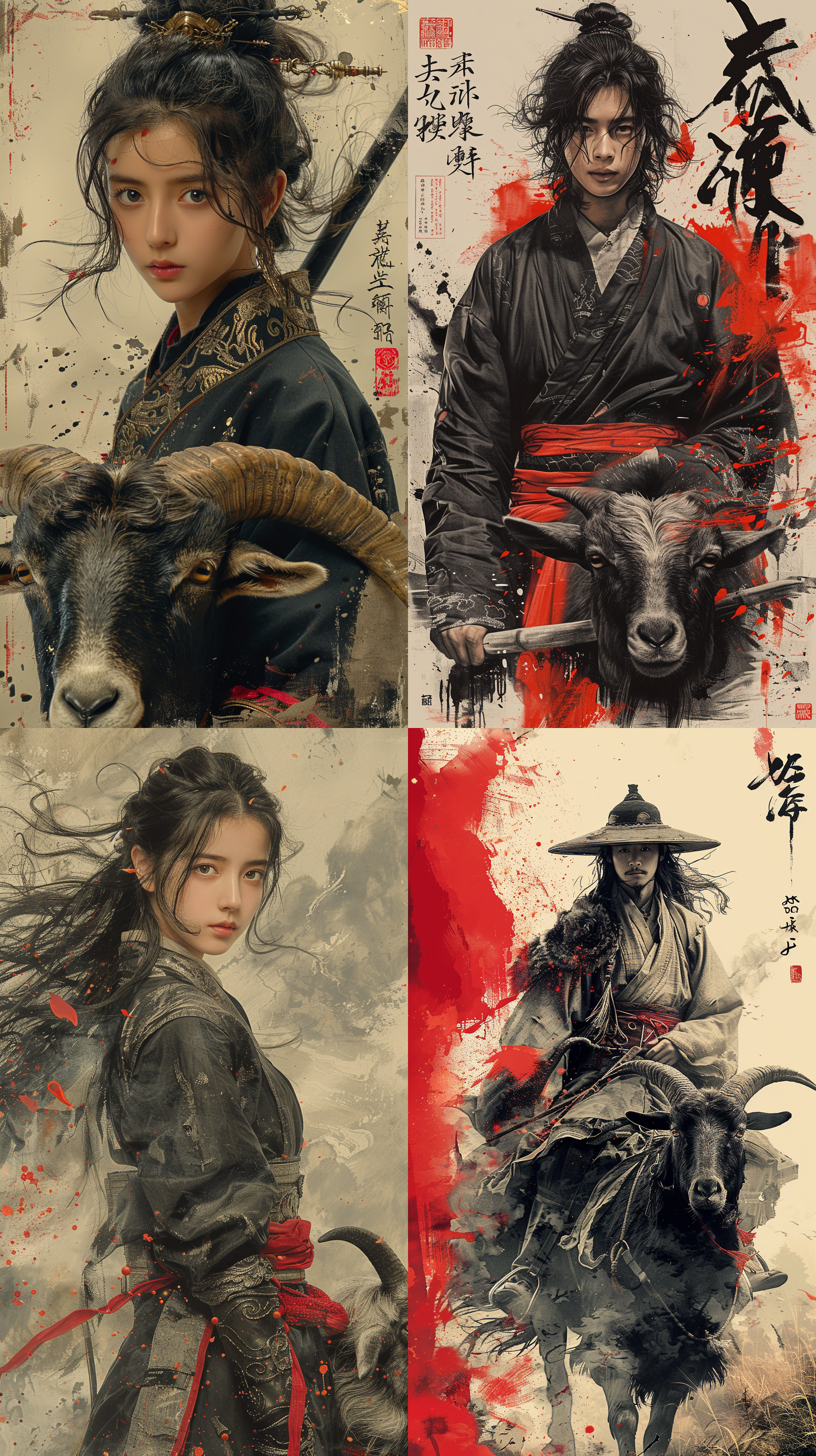 牧童骑羊，一人称视角，汉服装扮，传统水墨风格，黑金调色板，夸张透视，极简风格，8k分辨率，震撼视觉场景，全身展示，牧场环境，纵深感，情绪丰富。