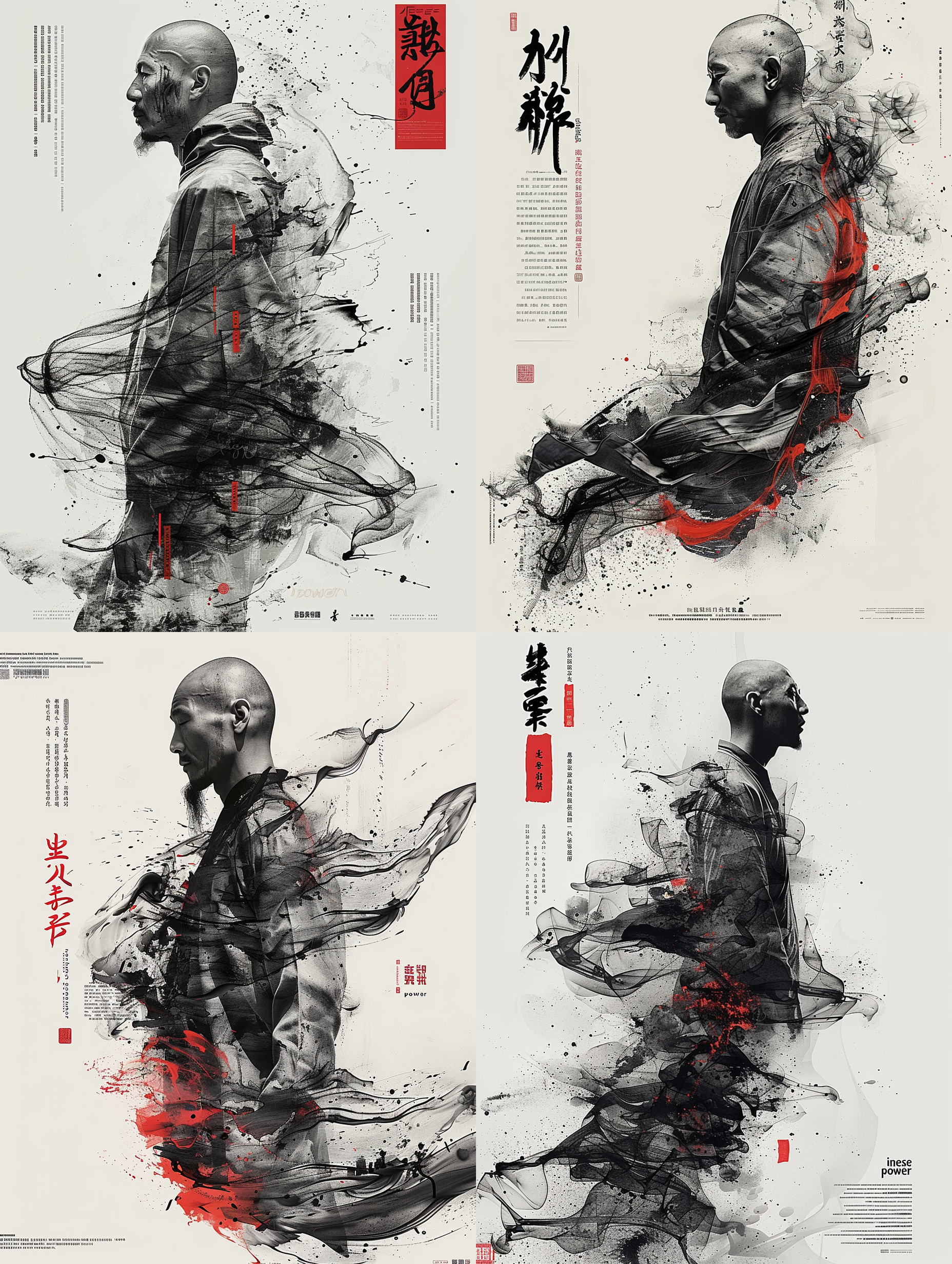 chinese monks concept map,giant texts "chinese power" bold effect，in style of craig mullins,chinese ink art，exploded view，splash ink, a picture full of power, an abstract dadaist afropunk collage, minimalist poster，white background，8k
