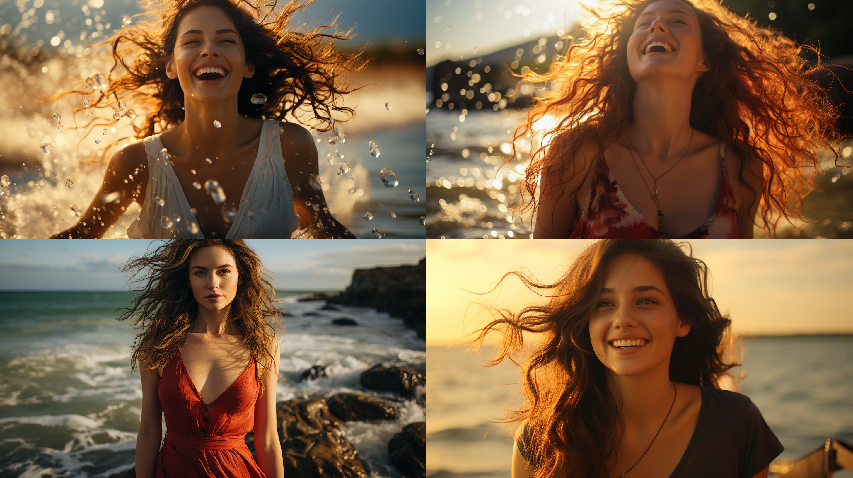 少妇在沙滩微笑，黑色吊带裙，海浪拍打，微风吹动头发，细节论文，自然皮肤纹理，8k解析，复杂细节，闪亮皮肤，红唇，观众，面对高水分，明亮肤色，阳光光线，舒适，轻松