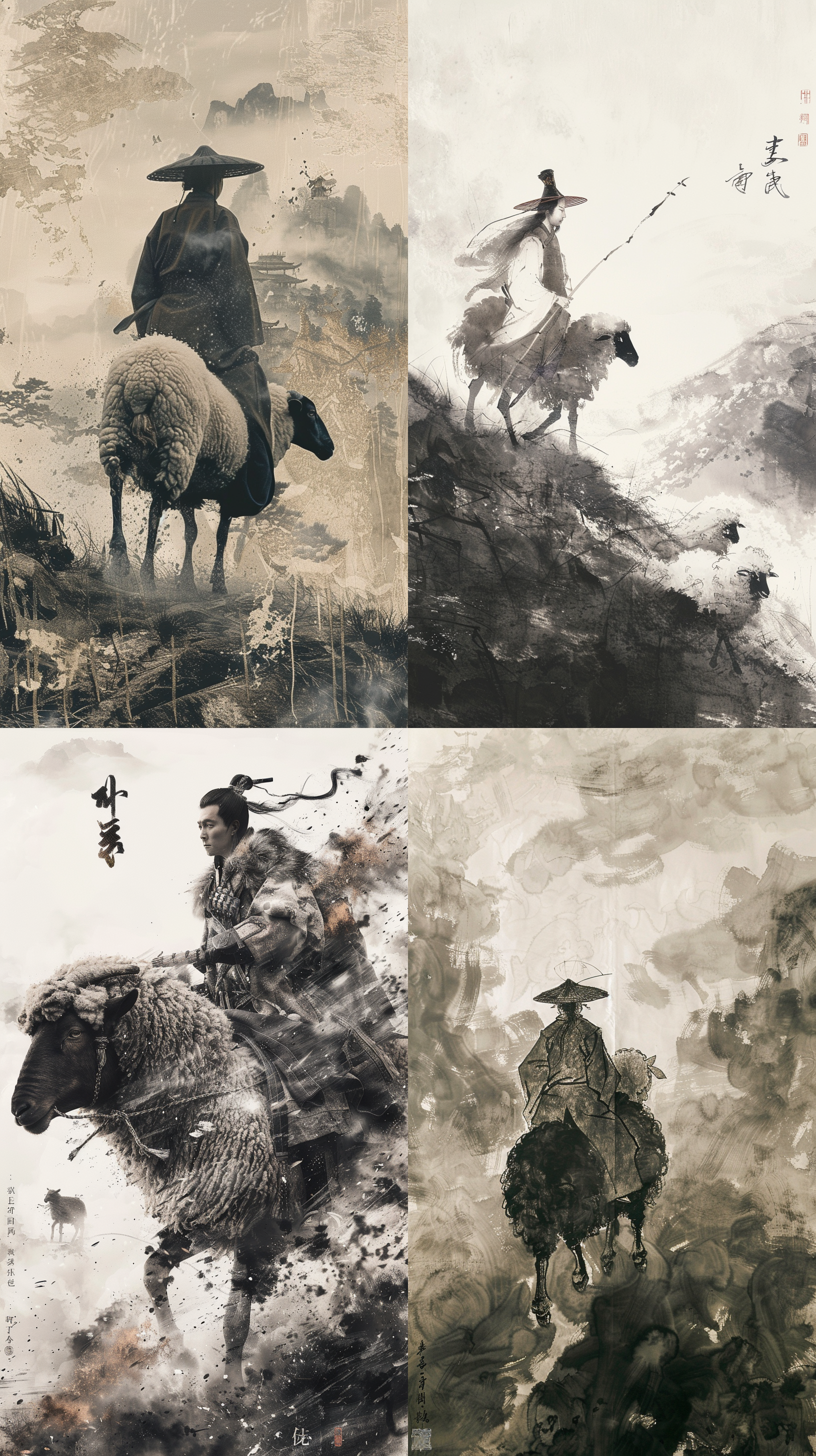 牧童骑羊，一人称视角，汉服装扮，传统水墨风格，黑金调色板，夸张透视，极简风格，8k分辨率，震撼视觉场景，全身展示，牧场环境，纵深感，情绪丰富。