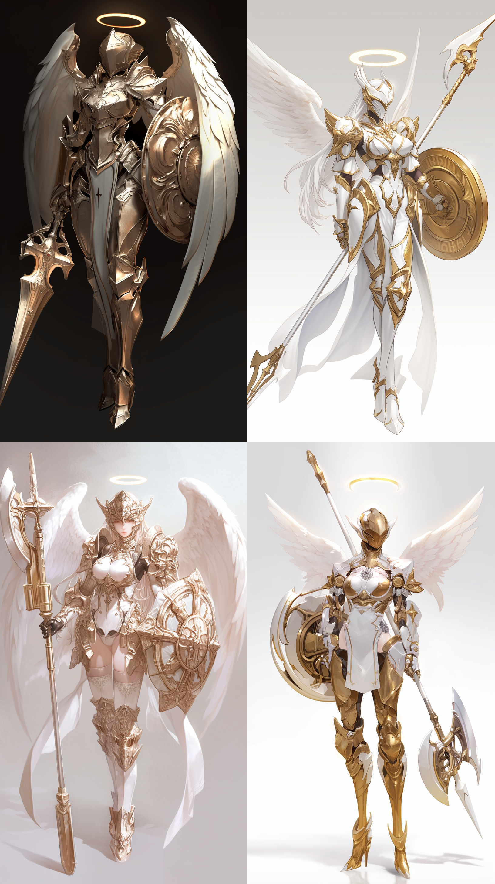 女性角色，身材苗条，，身穿金白色全身铠甲::3，全罩头盔::2，光环，两对白色羽翼，手持白金色巨斧和盾牌::2，站姿，角色设计风格，全身，英姿飒爽，科技感，4k，高渲染，超级细节 玫瑰金 金属质感 重点照明
