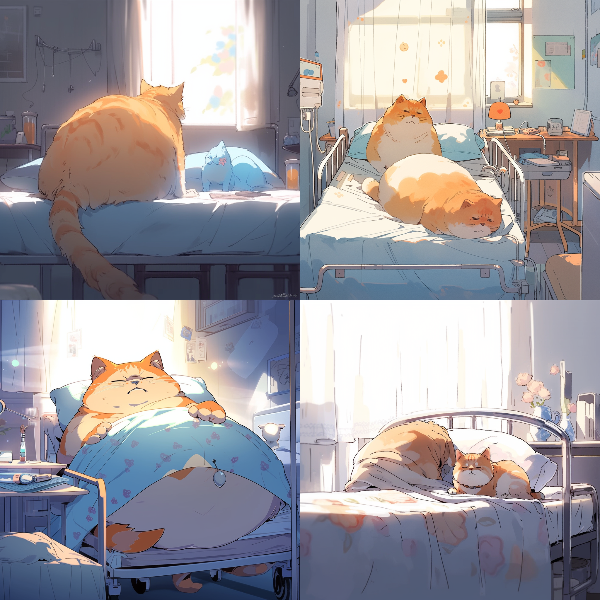 一只胖乎乎穿着蓝色的橘猫站在病床边，看着床上的橘猫妈妈。站着的猫眼里含着泪水，流淌着悲伤和悲伤，8k