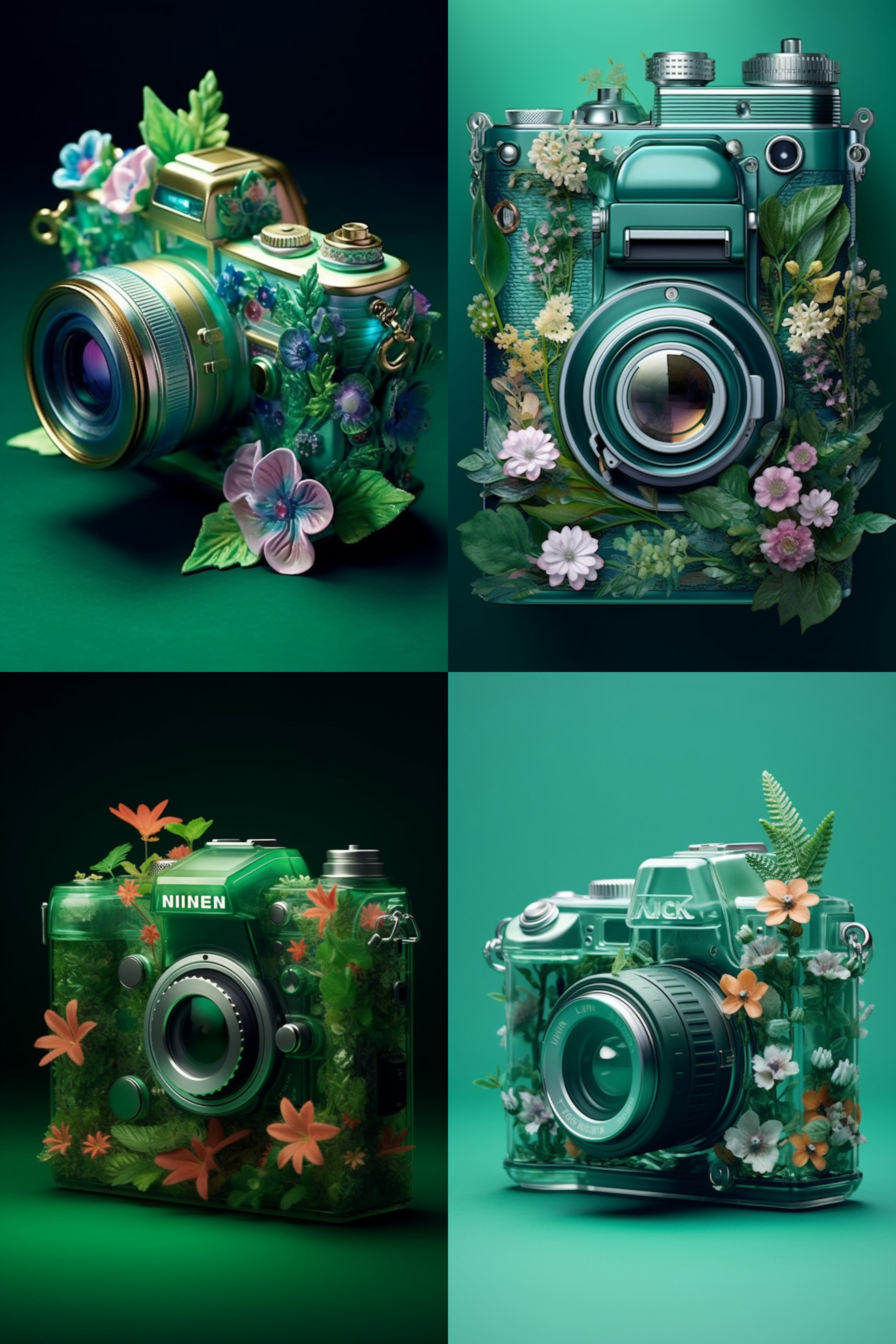 精致的掐丝珐琅尼康d750相机，相机内是花园，开满鲜花，相机半透明翡翠绿，特写透视感，明亮的灯光，超写实，特写，微距，背景纯色