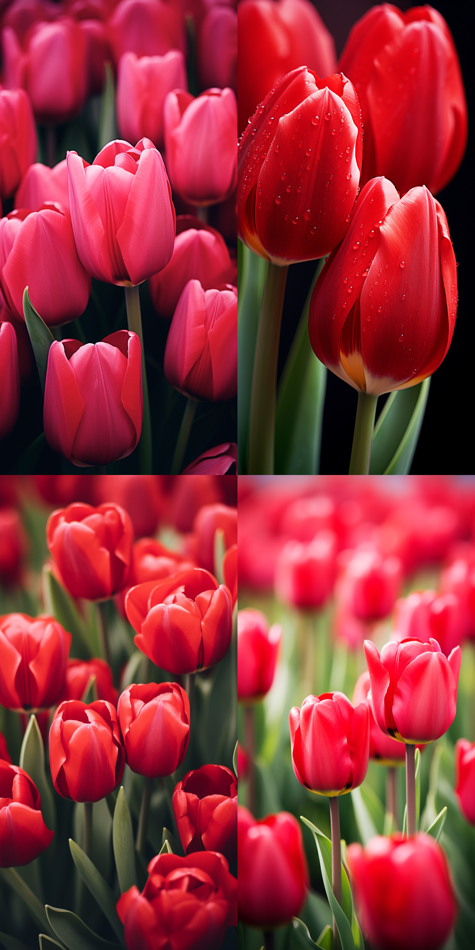 红色郁金香，特写镜头，高清，自然光，微风拂动，细节丰富，鲜艳色彩，柔和温暖，优雅。