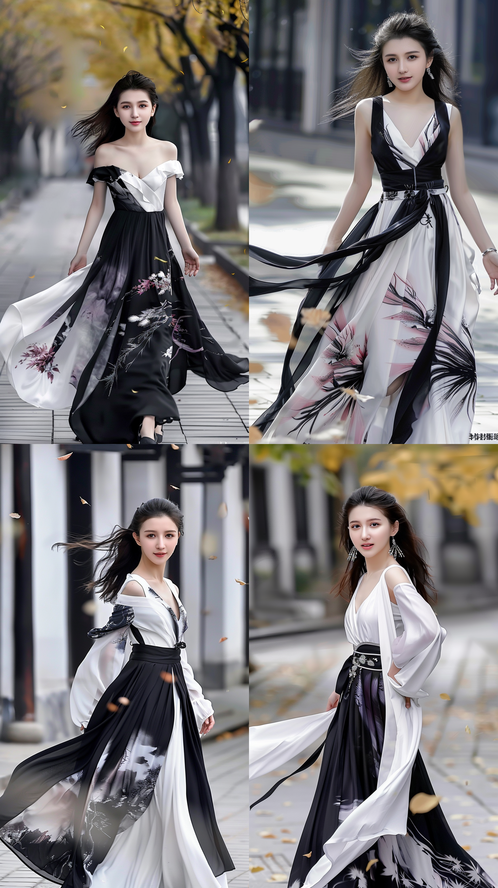 汉服美女，街头秋风落叶，传统环境，柔和色调，人像摄影，微笑，飘动长裙，自然光，抓拍，优雅。4k