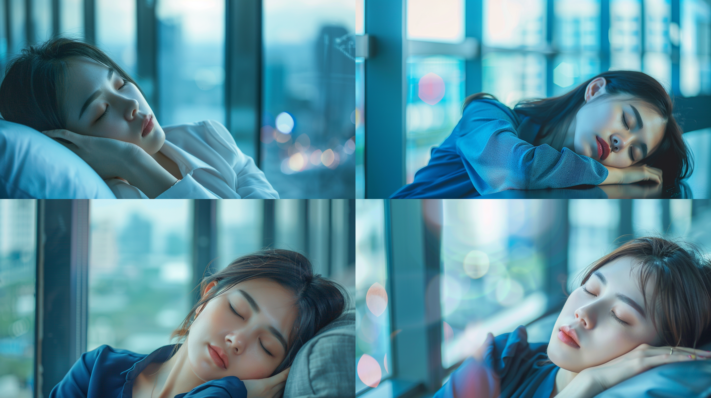 亚洲白领女性在办公室睡觉，高角度视角，现代风格，落地窗背景，柔和光线，中焦镜头，自然表情，蓝色调，放松，安静。