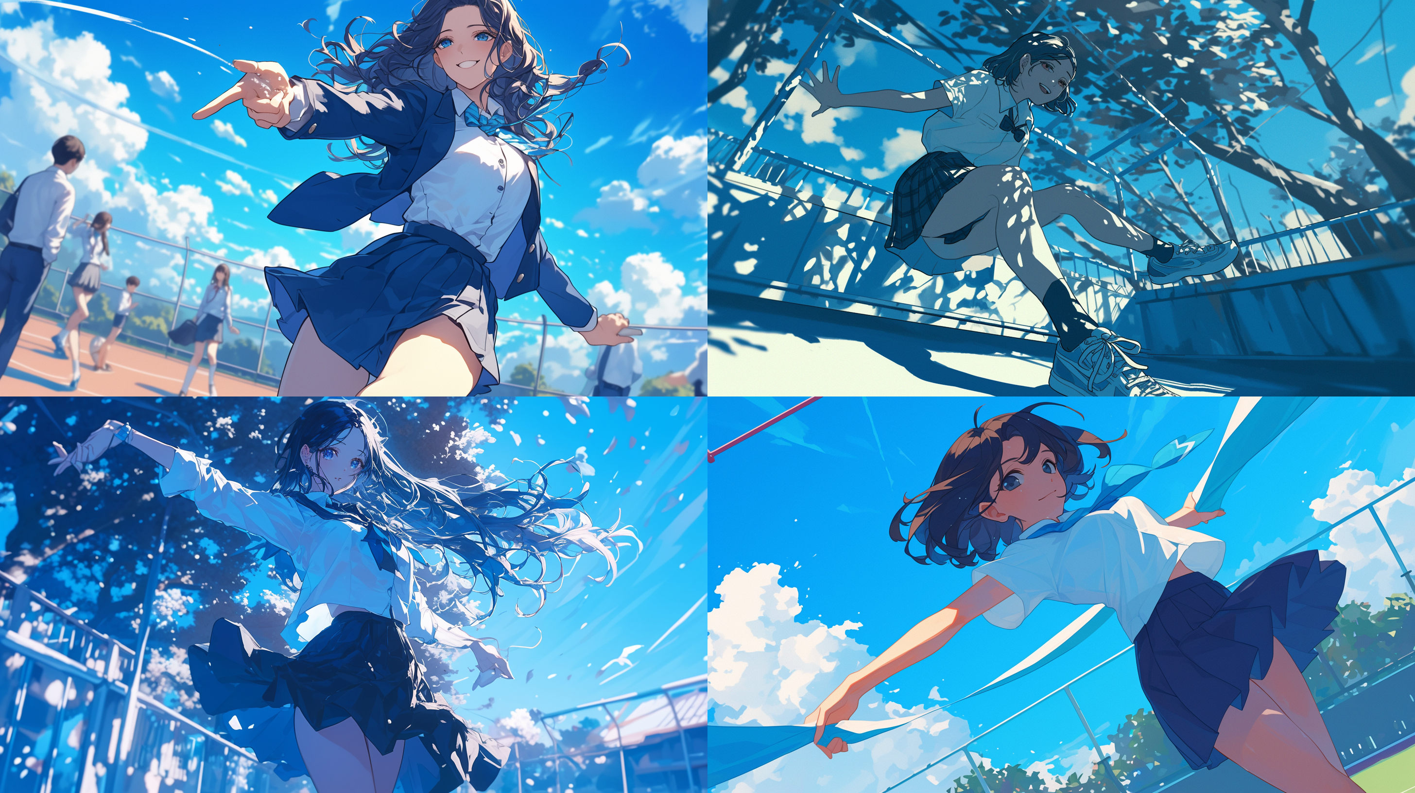 韩国女孩，中学生，校服，操场，高速快门，舞蹈动作，蓝白色调，激情洋溢。