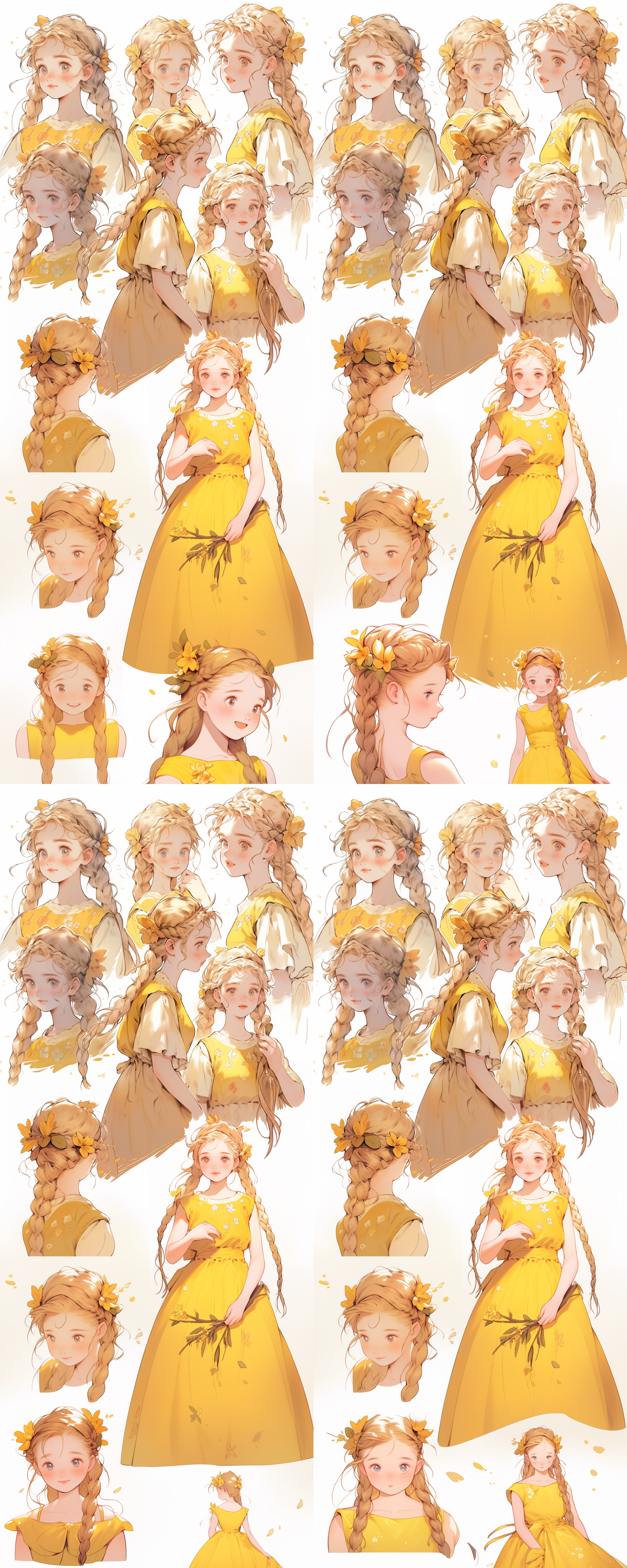 人设图形式， 白底，各种表情，宫崎骏风格，水彩的感觉，手绘，少女在14-15岁左右，黄色头发，脸上有雀斑，肤色是太阳晒黑了的颜色，双麻花辫扎两个红色小蝴蝶结，头发有一点凌乱，宫崎骏风格，人物全身，穿着米白色带小镂空小碎花裙子，红色布鞋，手上抱着一束小雏菊花
