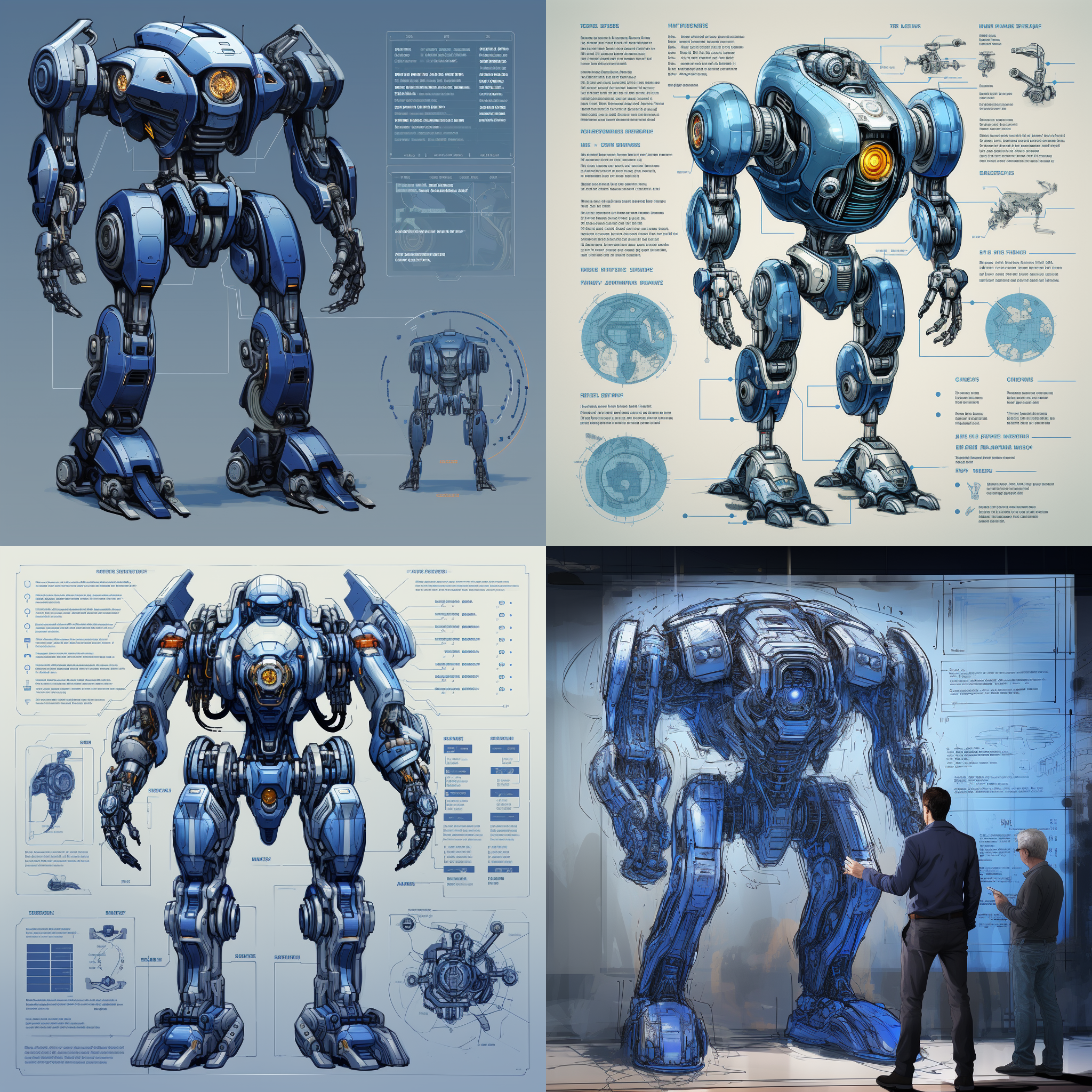 智能机器人设计图，8k，细节丰富，工业设计，灯光投射，透视构图，蓝色调，立体感，高清晰度，细节表现，设计效果图，详细设计稿。