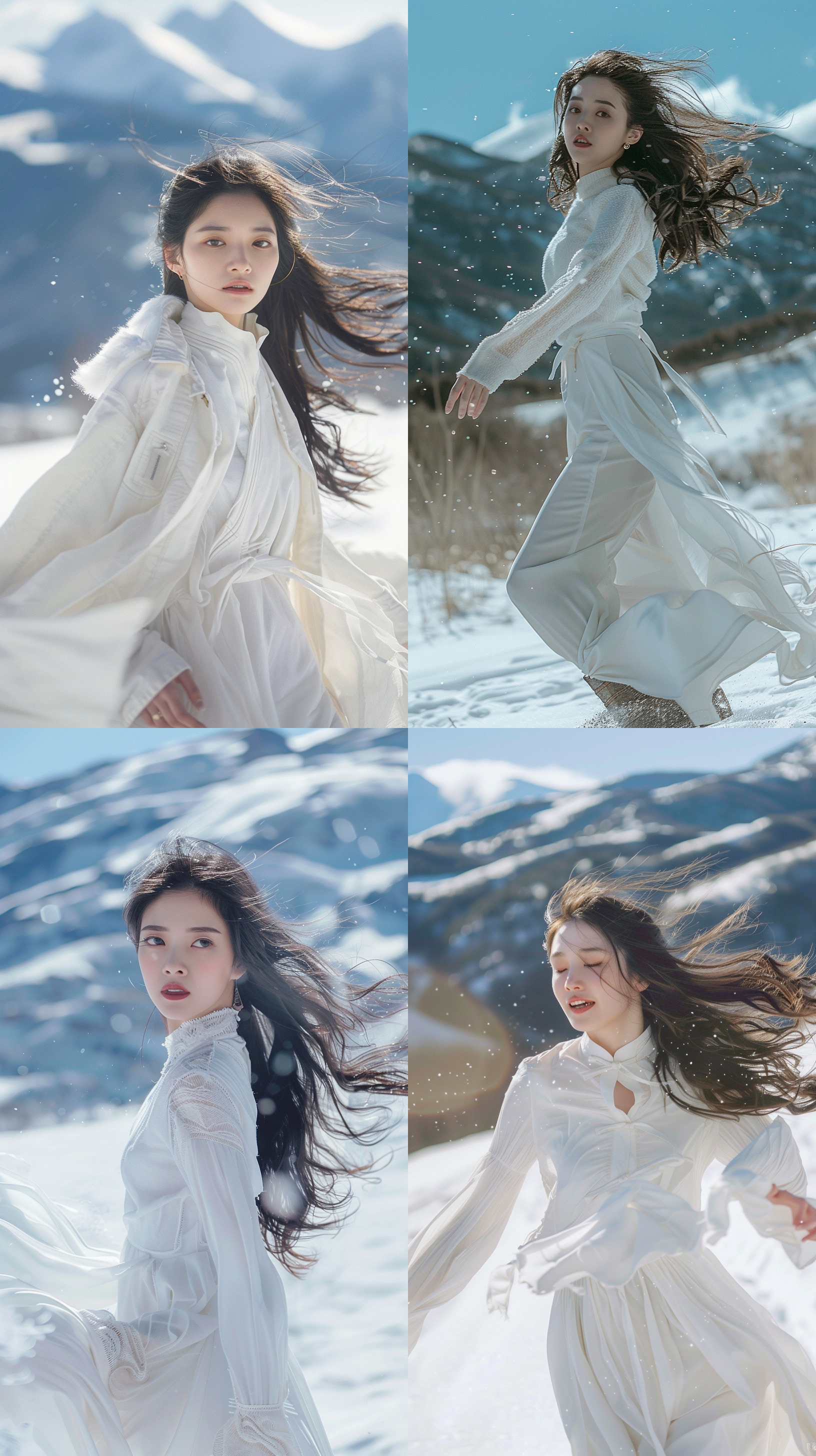 中国美丽女性，大眼睛，乌黑头发，披肩长发，头发凌乱，雪白肌肤，精致面容，白色衣服，时尚雪地靴，阳光洒在脸上，自信，优雅，微笑，奔跑，全景拍摄，雪山，自然动感，柔和色调。 摄影纪实 雪山 全景 全身 高调照明 阳光照射 太阳光 明亮的 照片写实 侧身