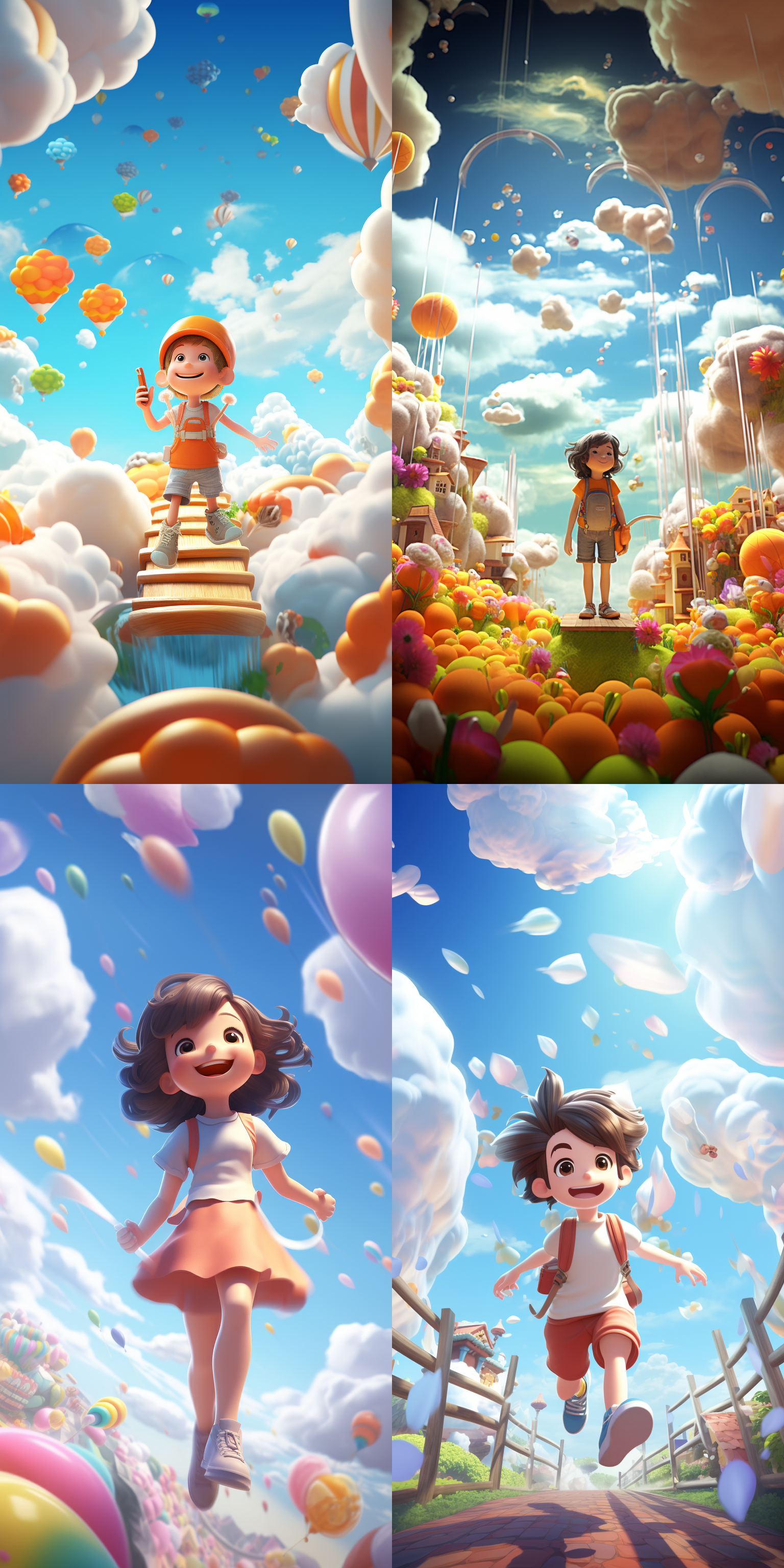 3d场景，云，拟人化，欢快的嬉戏，童趣装扮，明亮色调，广角透视，动感模糊，光影效果，多元素，活泼，快乐